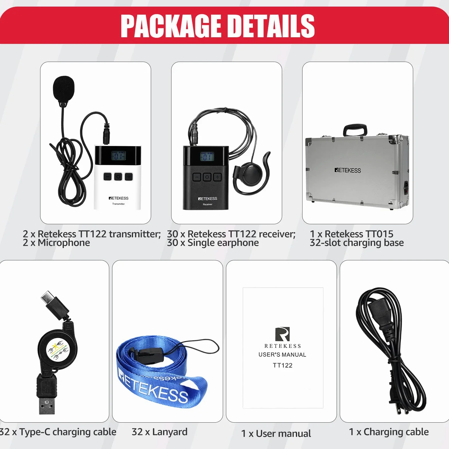 Retekess TT122 Sistema di Guida Turistica, 150m, 2.4G, 1500mAh Audio Wireless Apparecchiatura di Traduzione a 36 Canali, con Scatola di Ricarica a 32 Slot TT015 per Fabbrica, Turismo, Conferenza