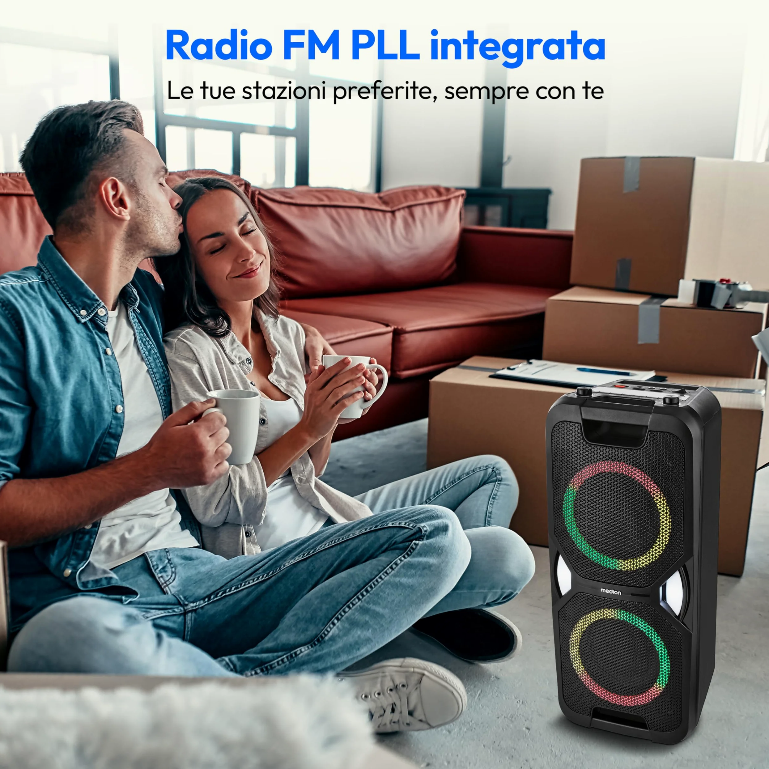 MEDION PE-1 Pure Partybox (batteria, con microfono, altoparlante Bluetooth portatile grande, cassa musicale con effetti luminosi, altoparlante party con karaoke, 2 ingressi microfono, AUX, USB, radio)
