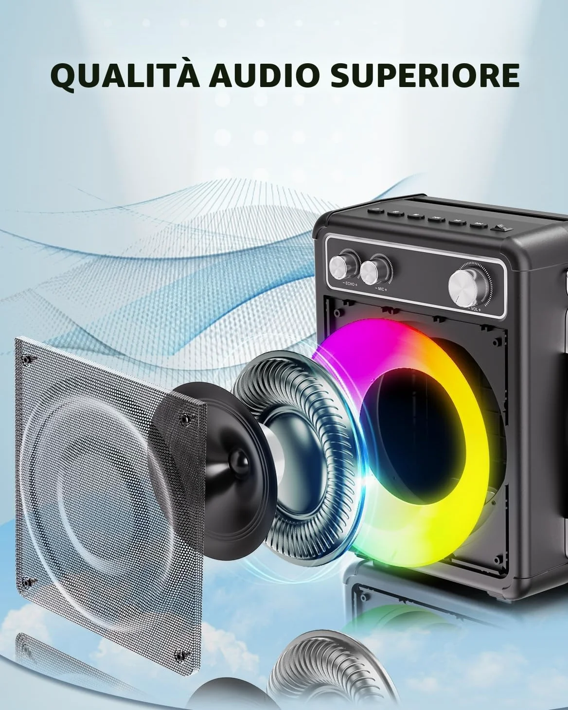 BONAOK Karaoke Machine, Sistema Karaoke Bluetooth con 2 Microfoni, Macchina Ricaricabile per il Karaoke Party, Music Box con Effetto Luci, Supporto TF USB per Home Party