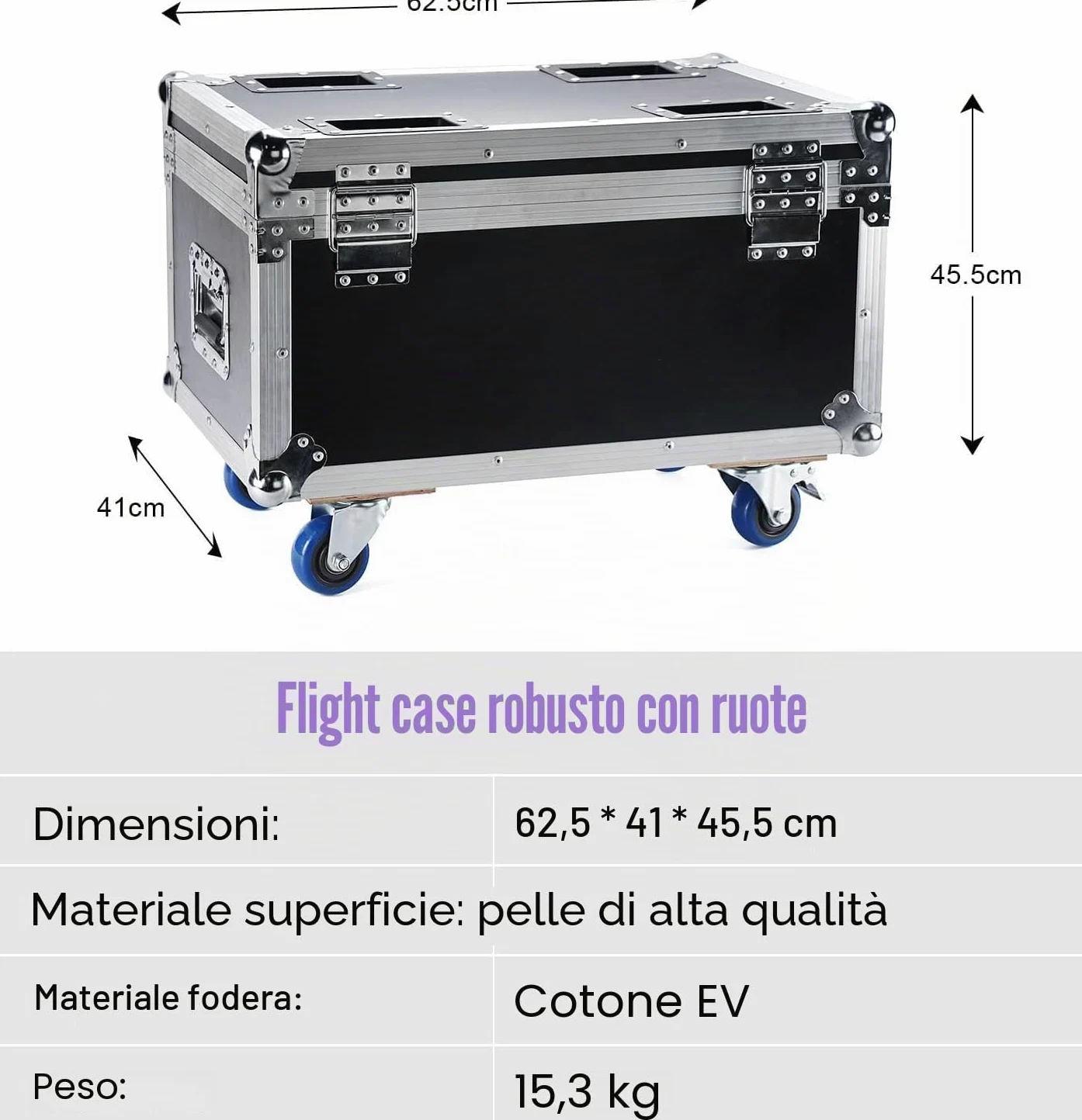 Flightcase per 180W Par LED, 62,5 x 41 x 45,5 cm, 15,3 KG, Valigetta di trasporto con Ruote e Maniglia Retrattile per un Facile Trasporto per Luci Par da Palco