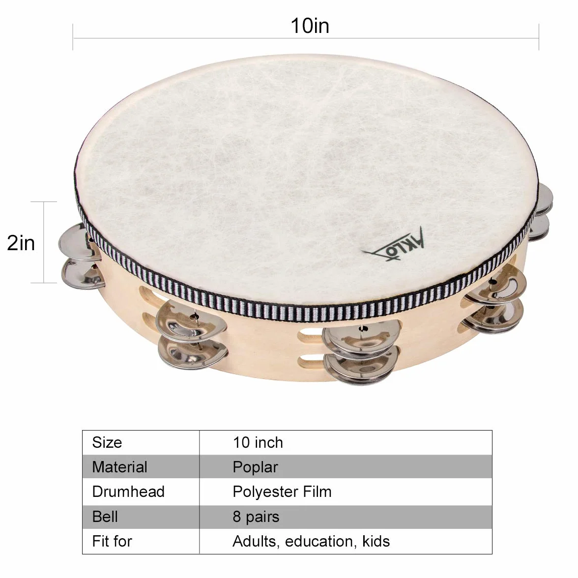 AKLOT 25cm tamburello tenuto 10 pollici in mano tamburello doppia fila campana di metallo Jingles faggio strumento musicale educativo a percussione di ballo e accompagnamento di canzoni