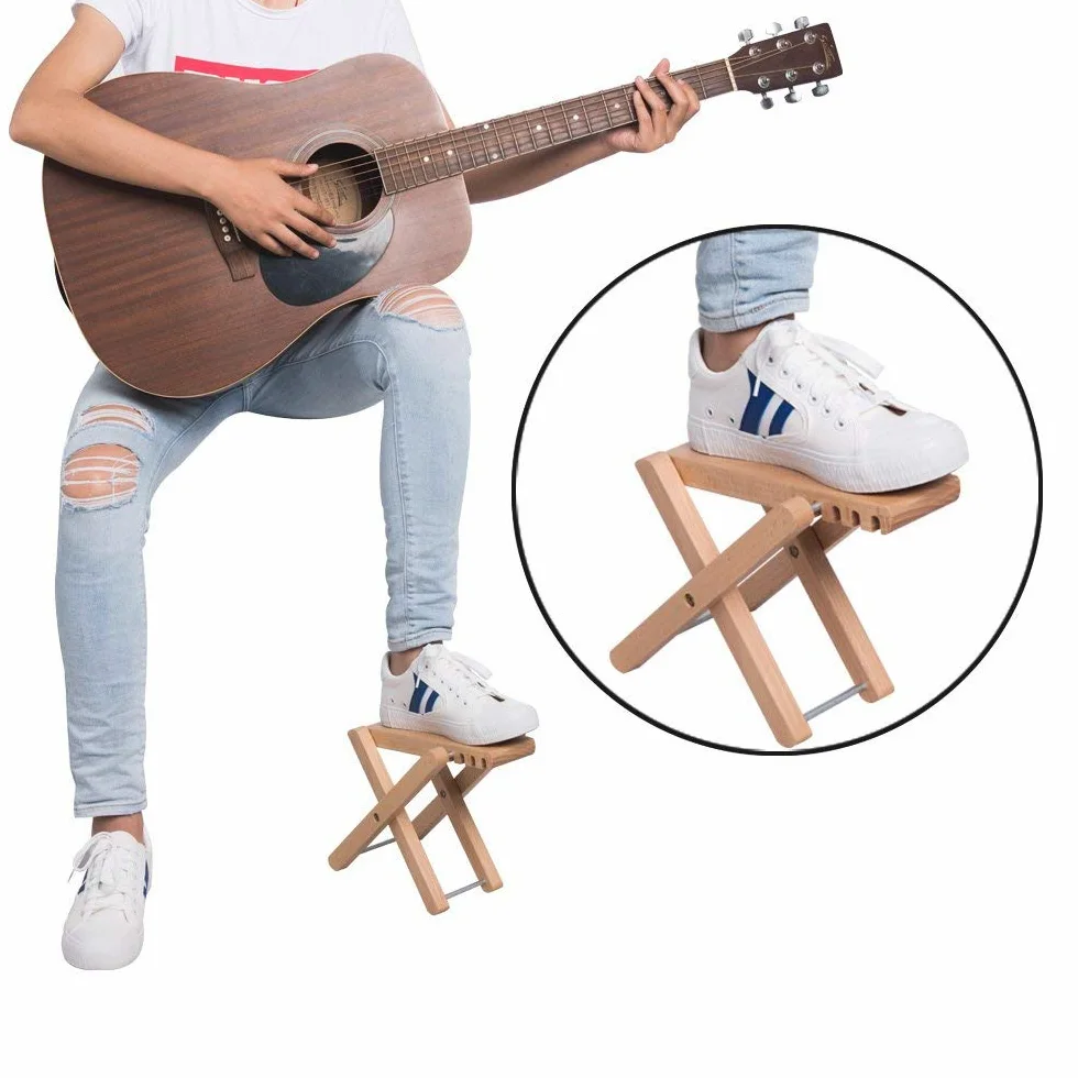 Rayzm Piedino per chitarra classica, poggiapiedi con 4 altezze regolabili da 12 cm a 22 cm, pedale banjo in legno massiccio