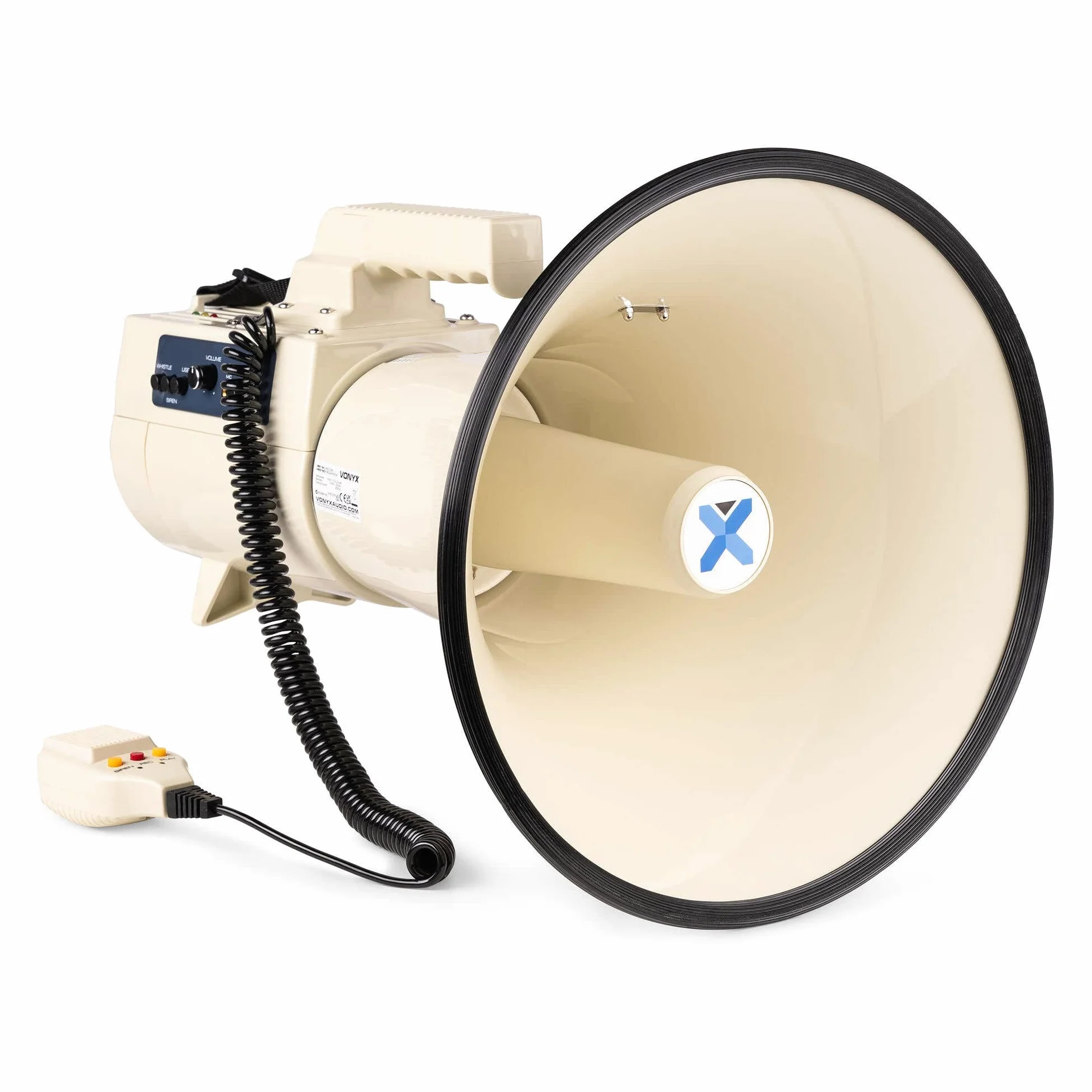 Vonyx MEG150 - Megafono professionale da 150 W con batteria ricaricabile, sirena e microfono, Bluetooth, funzione di registrazione, portata fino a 2000 metri, USB, SD, MP3 e AUX, cinghia, colore beige