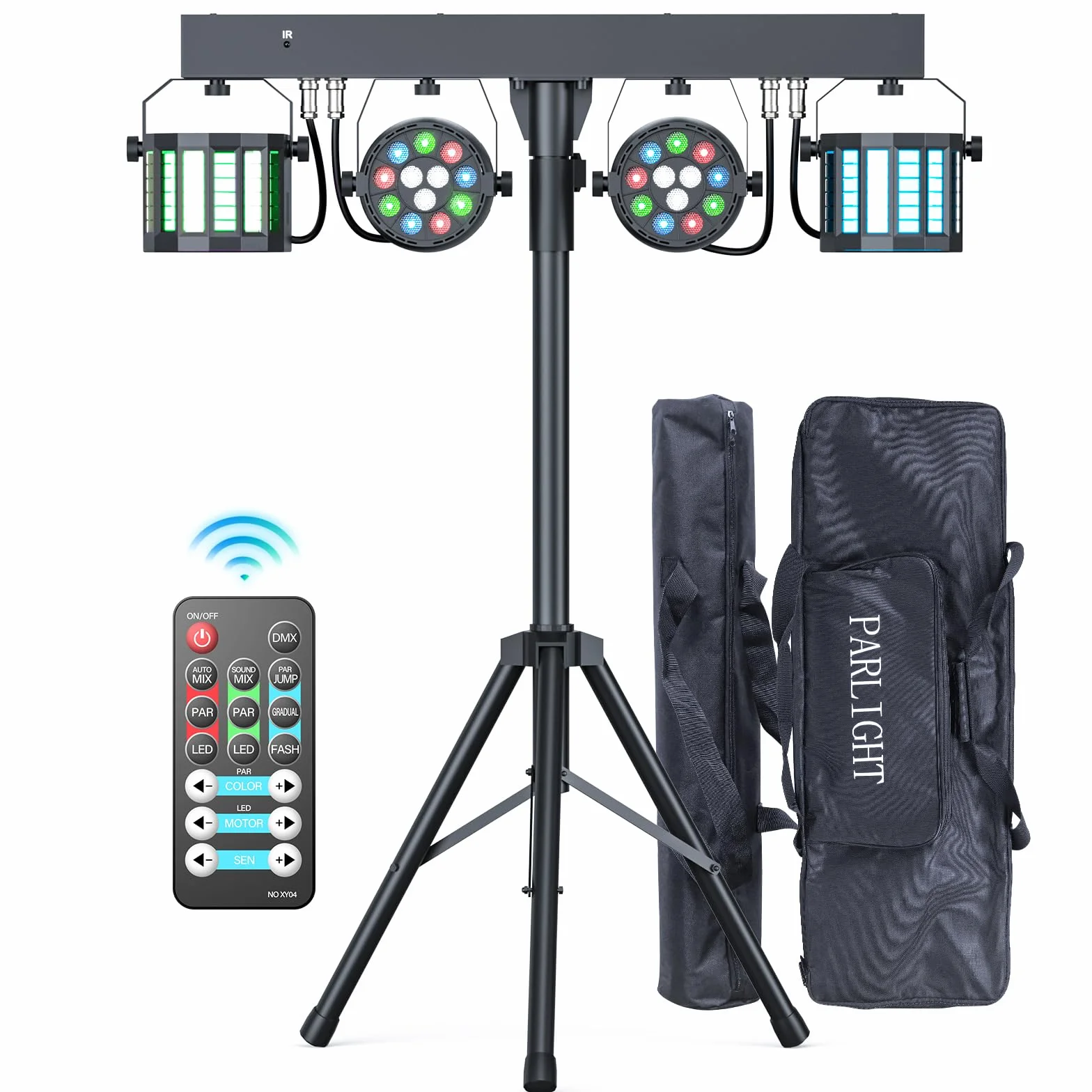 60 W Derby + RGBW LED Par luce DJ con supporto e telecomando, illuminazione da palco con DMX-3/6/15 canali luci discoteca per dj, feste, chiese, concerti, matrimoni, Natale (con borsa)