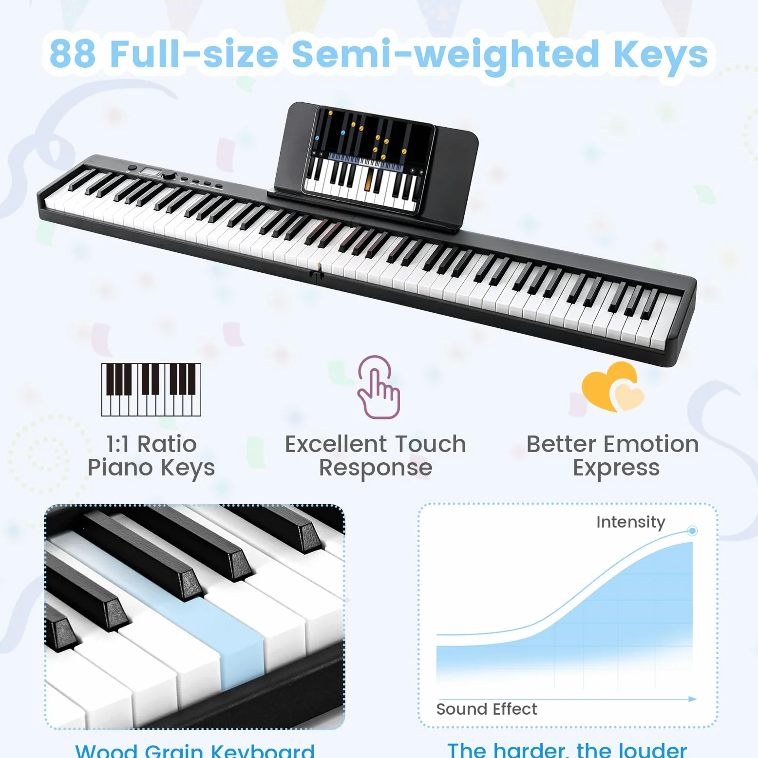 KOMFOTTEU Pianoforte Digitale 88 Tasti Pieghevole, Tastiera Elettronica Multifunzionale con Pedale Sustain per Principianti, Pianola Portatile con Borsa per Pianoforte (Nero)