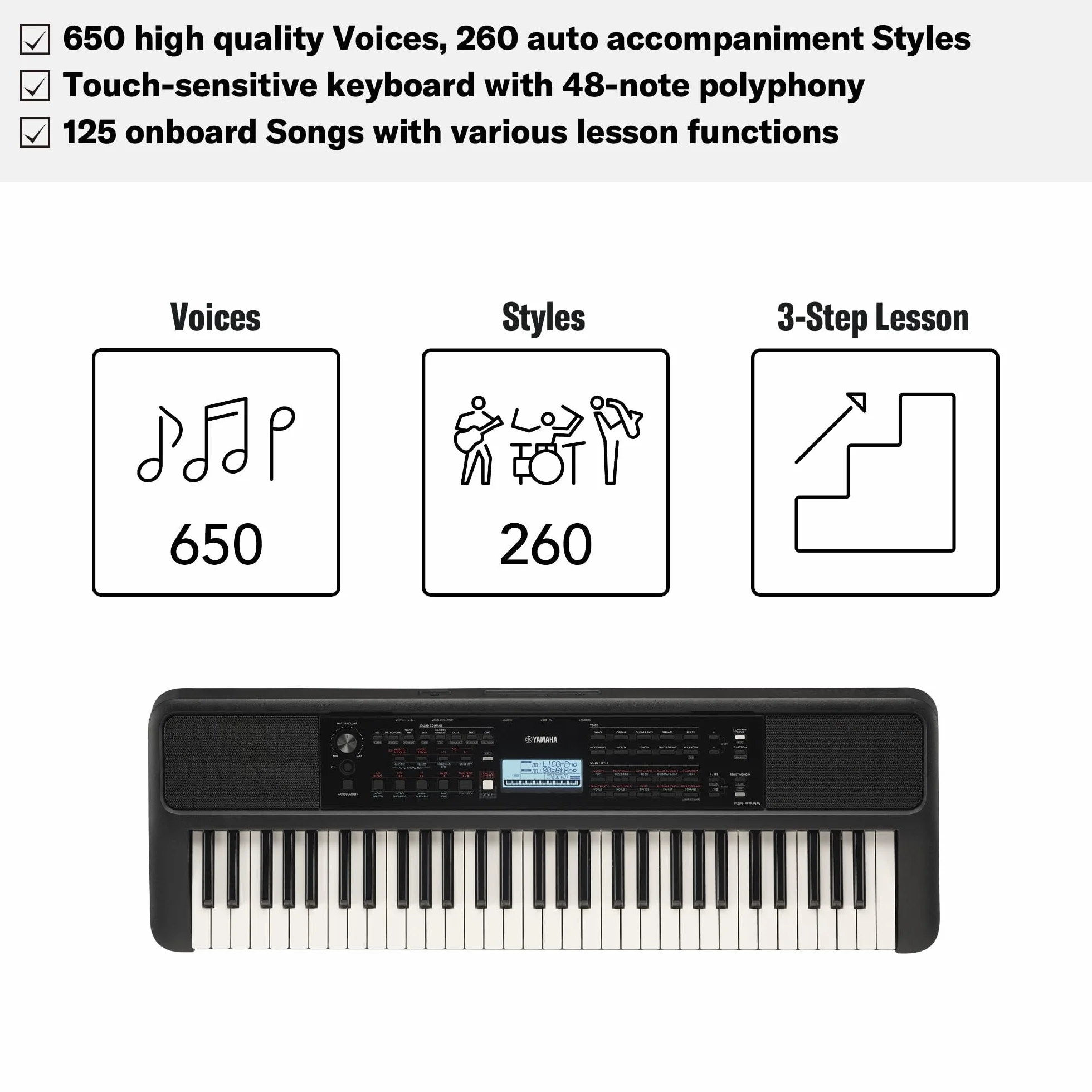 Yamaha PSR-E383 Tastiera Portatile per Principianti, 650 Voci Strumentali Autentiche e Tasti Sensibili al Touch con Polifonia a 48 Note, Include 2 Lezioni Online con Yamaha Music School Teacher