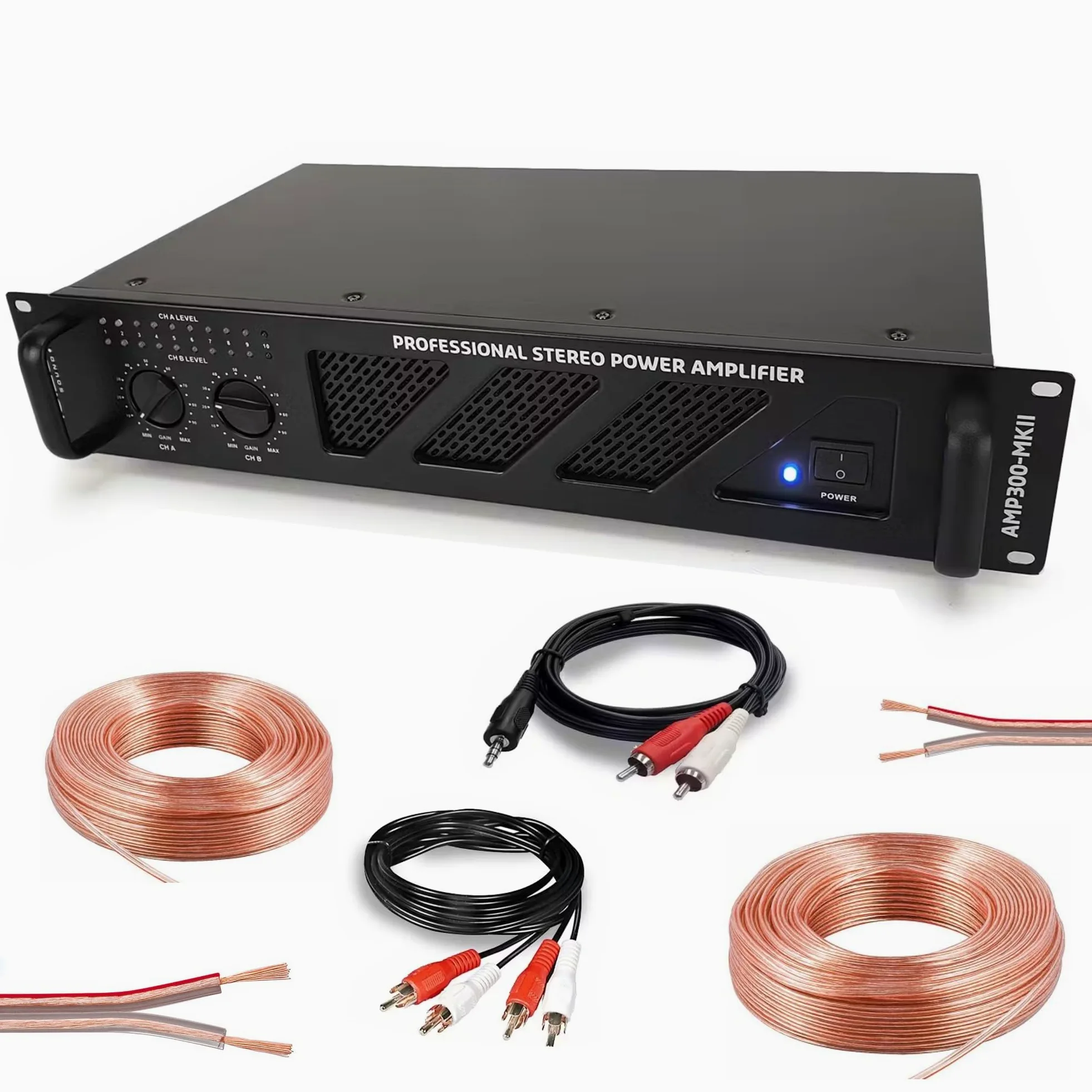 Ibiza - Pacchetto Amplificatore Sono 2 x 240W AMP300MKII - Cavo HP Altoparlante 3m - Cavo RCA/RCA - Cavo PC/RCA DJ