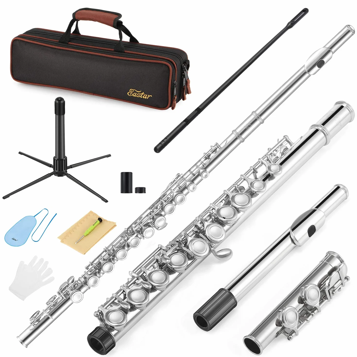 Eastar Flauto Do Foro Chiuso 16 Chiavi per Principianti Bambini Studente Strumento con Kit di Pulizia, Supporto, Custodia per il Trasporto, Guanti, Asta di Accordatura, Nichel, EFL-1