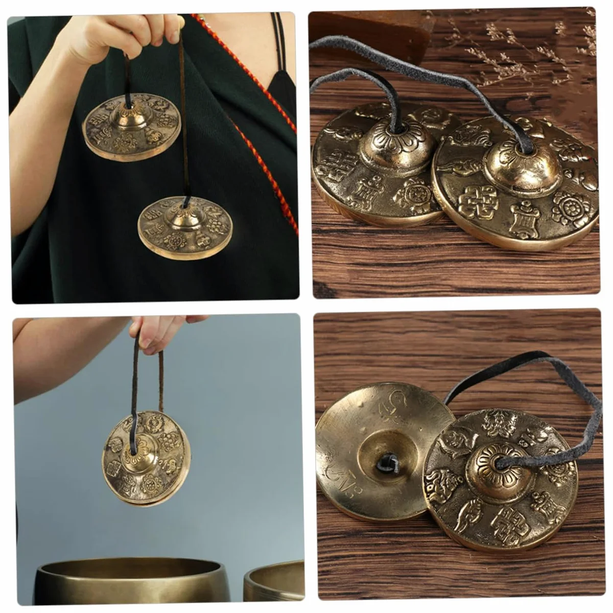 Cimbali in Rame Dorato per Meditazione e Rituali Motivi Vintage di Buon Auspicio, Strumenti Percussivi Etnici per Benedizione ed Esorcismo