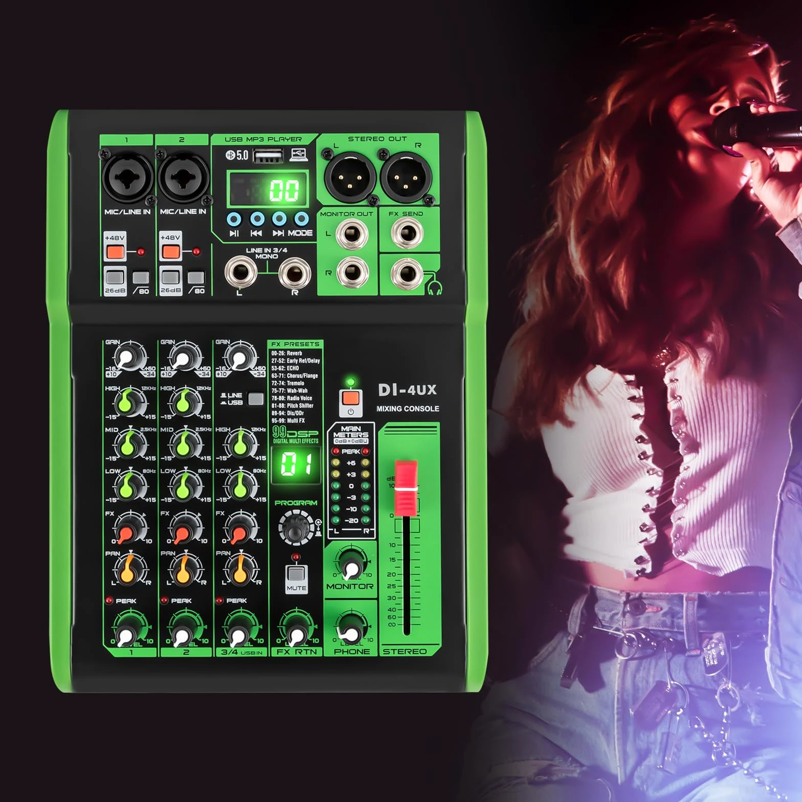 Mixer audio professionale, alimentazione phantom, preamplificatore per microfono, serie DI-4UX, verde, 19,3 x 26 x 4,5 cm