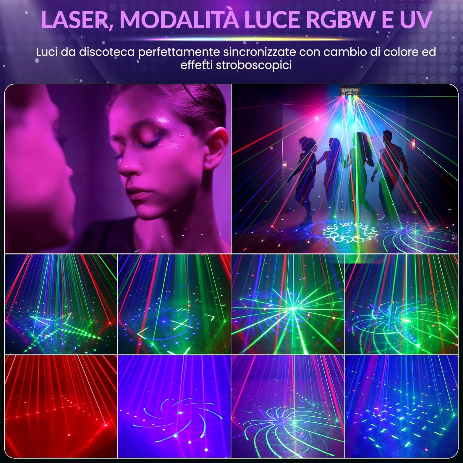 Luci Discoteca DJ RGBW & UV con DMX, Telecomando, 3 Velocità Motore, 4 Modi Stroboscopici, Proiettore Laser per Party, Disco e Decorazioni per Feste