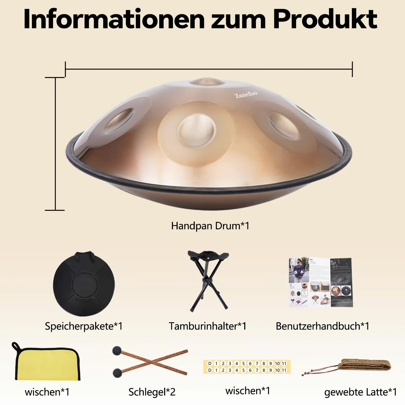 Handpan 22 Pollici (56cm) - 9 Note Re Minore (D-Minor) 432Hz | Acciaio Nitruro Professionale | Tamburo a Mano con Borsa per Yoga, Meditazione e Guarigione Sonora (Oro)