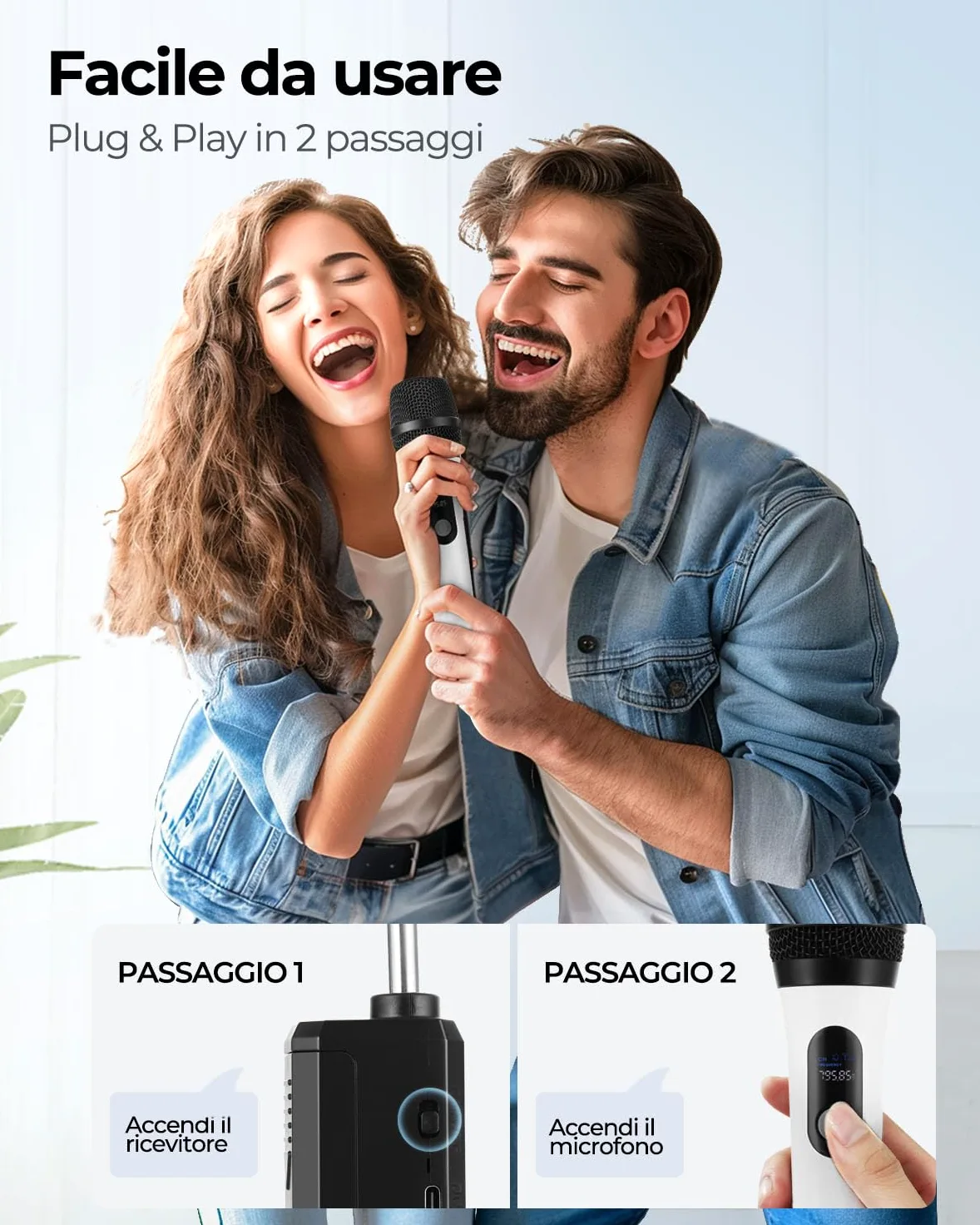 ALPOWL Microfono Wireless, doppio microfono dinamico Bluetooth digitale con ricevitore ricaricabile, portata 60M, microfono per canto, karaoke, riunioni, chiesa, matrimonio