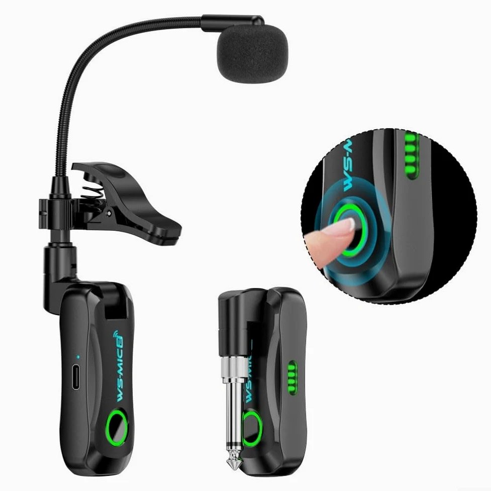 Microfono digitale wireless per sassofono: trasmissione 2,4 GHz, portata 40 m, latenza 12 ms, audio 48 K/16 bit, 98 dB SNR, compatibile con sax e tromba