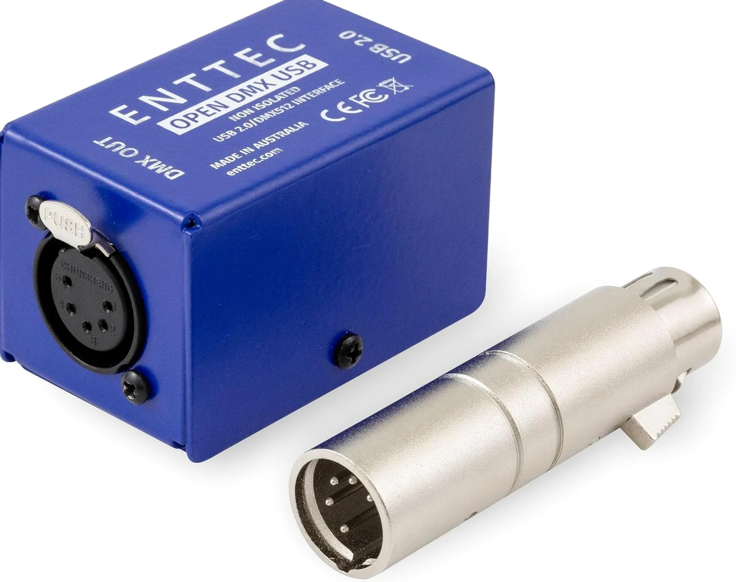 Enttec Open DMX USB 70303 - Controller widget per interfaccia di illuminazione (open source/hardware), con adattatore SIRS-E da 5 pin a XLR a 3 pin, con panno SIRS-E per la pulizia