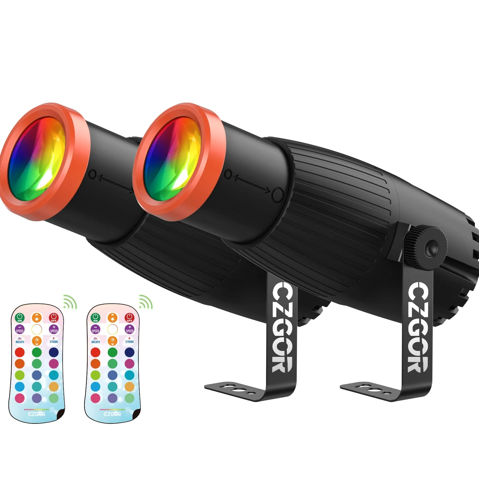 Pinspot LED Luce, Czgor 18W RGBW 4 in 1 Luci Spot con telecomando, Fuoco Manuale Palla Disco Spotlight, Super Luminoso con Colonna Guida Luce, Palcoscenico Illuminazione per Disco Party, 2 Pack