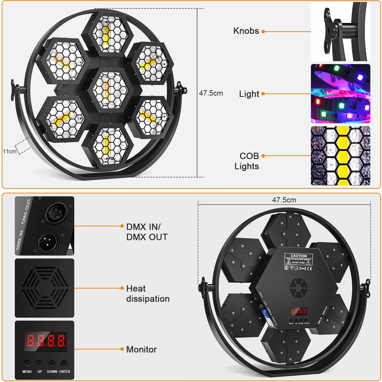 350 W COB PAR Illuminazione per palcoscenico, proiettore COB retrò con effetti RGB, supporta automatico/attivazione audio/controllo DMX/luce lampo per teatri, spettacoli, feste e festival musicali