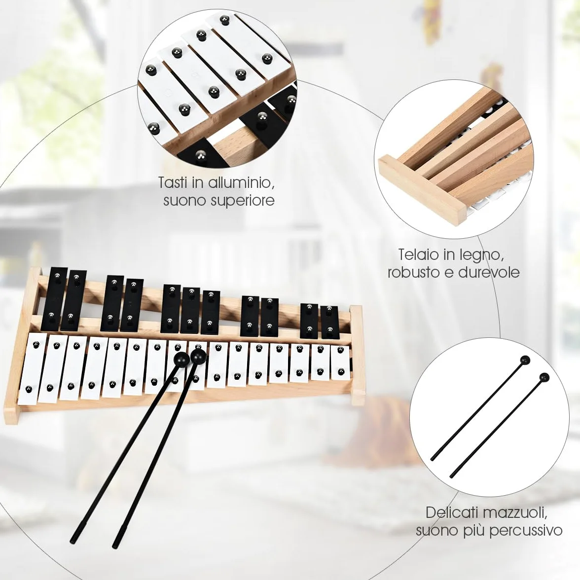 COSTWAY Xilofono 27 Note, Metallofono per Bambini, con 2 Mazzuole e Borsa, Strumento a Percussione a Mano per Bambini e Adulti