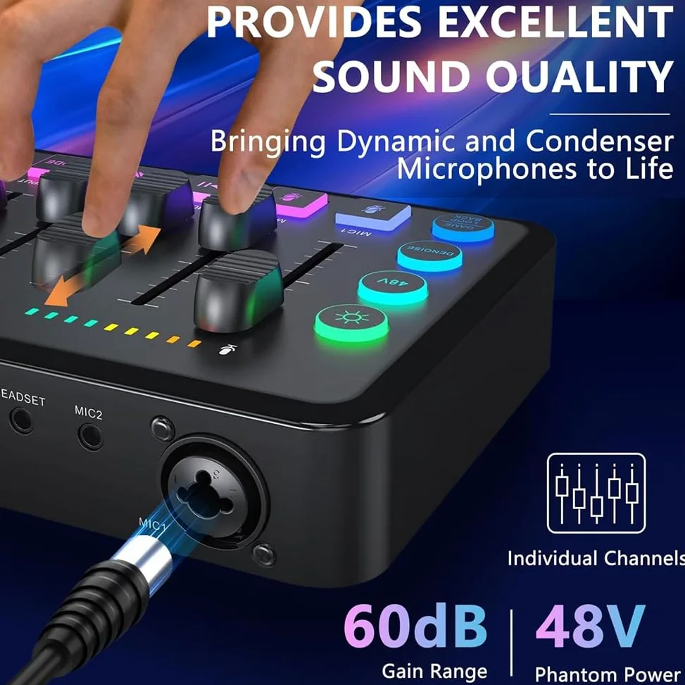 Mixer audio da gioco, mixer streaming RGB PC con interfaccia microfono XLR, volume fader, alimentazione phantom 48 V per podcast
