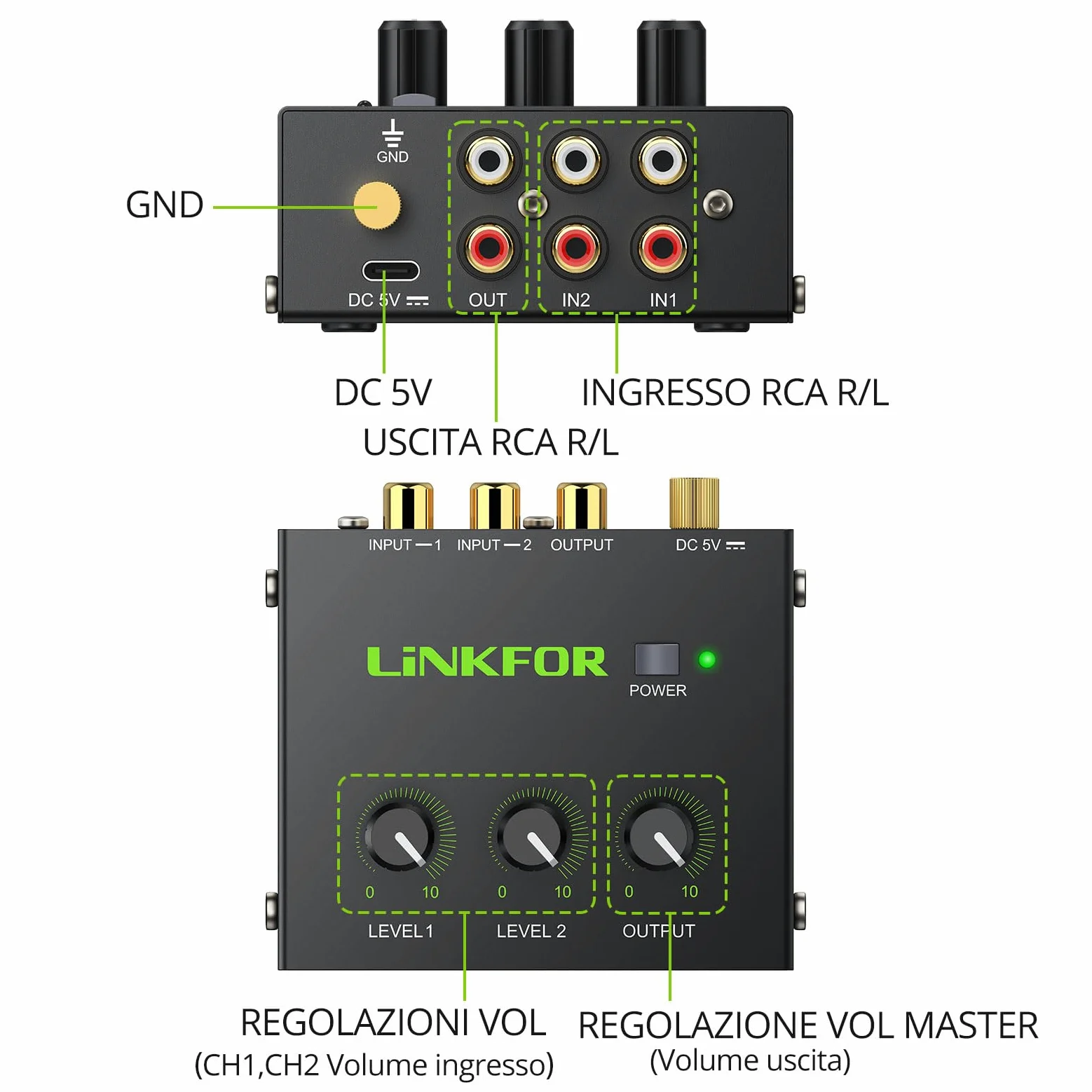 LiNKFOR Mixer Audio Stereo 2 Canali Attivo Basso Rumore, Audio Stereo RCA Compatto con Connettori Dorati, Mixer RCA 2 Canali con Controllo Volume Indipendente per PC/TV/Game