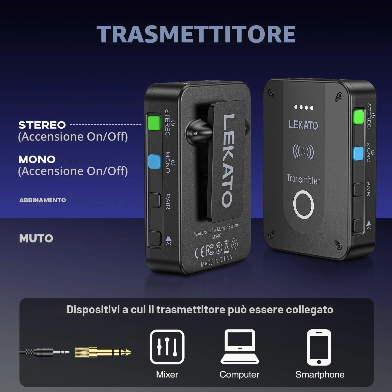 LEKATO MS-02 In-Ear Monitor, sistema di monitoraggio in-ear wireless stereo/mono 2.4G, sistema IEM wireless personale professionale per prove di band, esibizioni dal vivo e amplificatore per chitarra