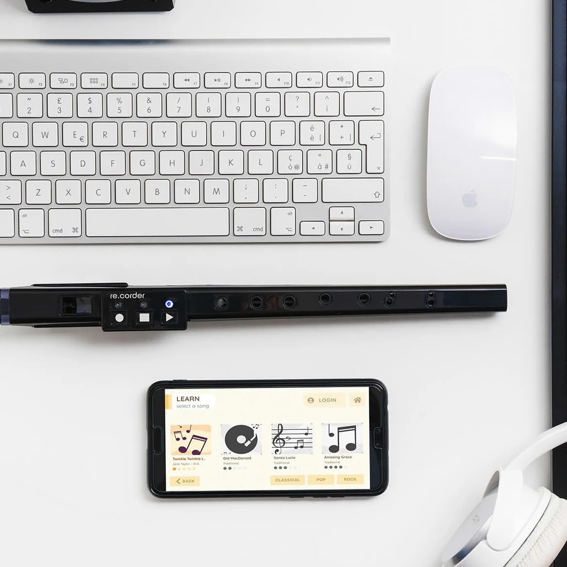 ARTinoise re.corder,flauto acustico digitale e controller MIDI wireless,App mobile 32 timbri,spartiti e esercizi su basi musicali,diteggiature personalizzabili,4 modalità di riproduzione