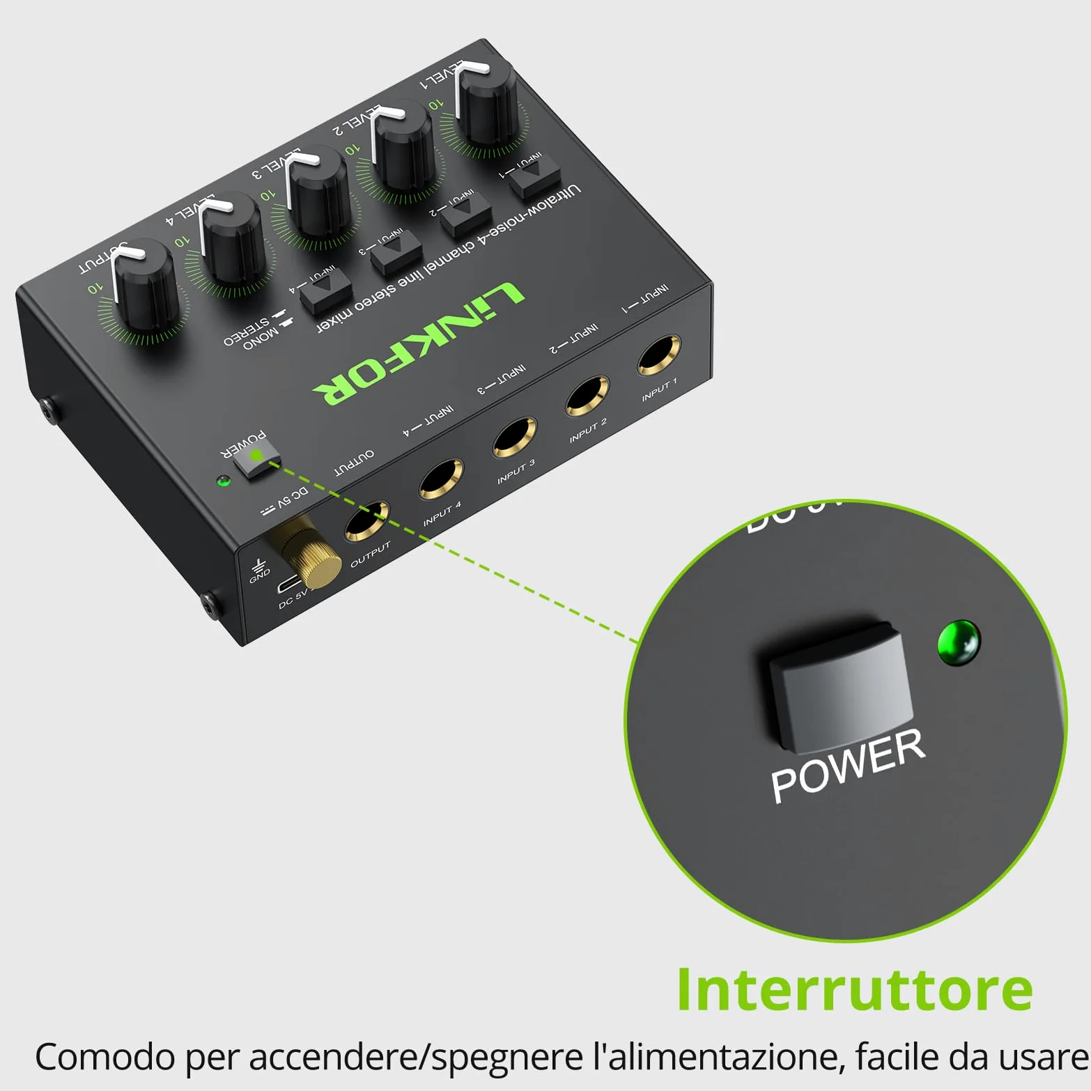 LiNKFOR Mixer Audio 4 Canali Stereo Multifunzionale 4 Channel Audio Mixer con Controllo Indipendente del Volume Audio Mixer 4 Canali per Piccolo Bar Microfoni Chitarre Bassi Tastiere e Mixer di Palco