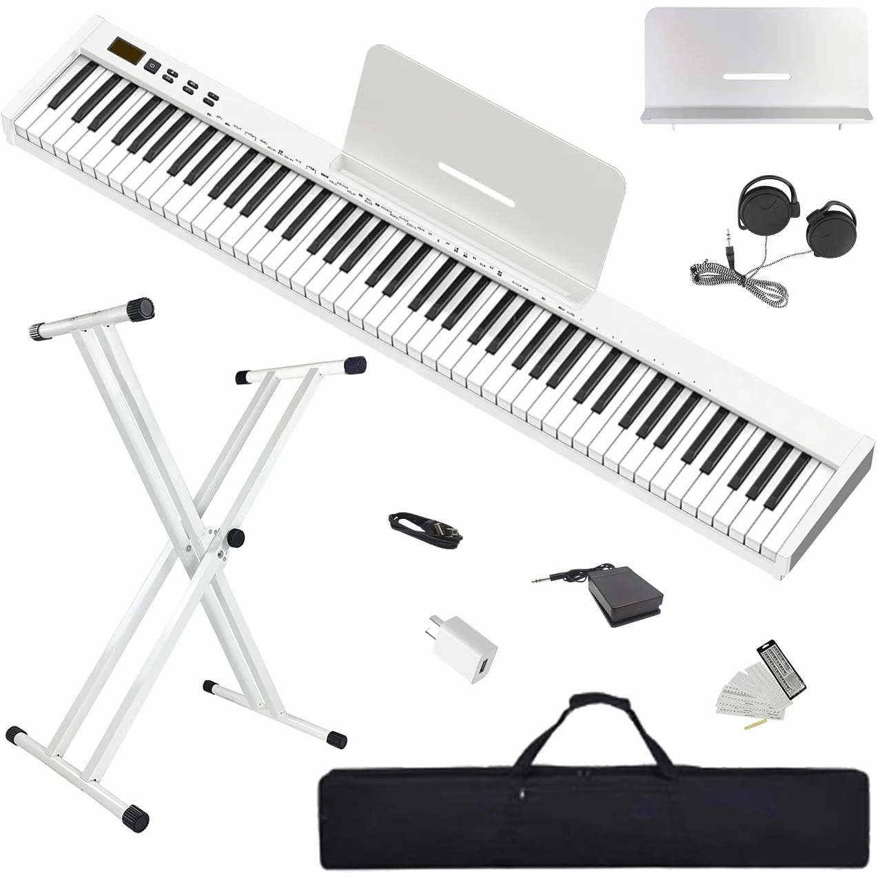 【Kit pianoforte digitale con supporto】Longeye Pianoforte Digitale 88 Tasti Tastiera Elettrica Semipesata Compatta e Portatile per Principianti,Borsa per il Trasporto,Pedale Sustain,Bianco (Slim-88)