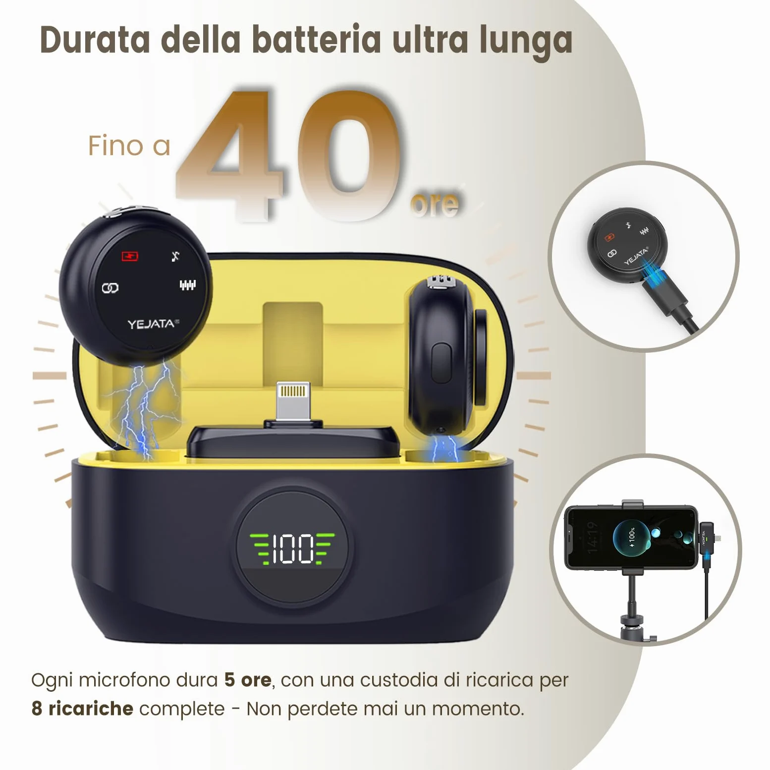 Microfono wireless 2 in 1 per iPhone e Android, mini microfono a riduzione del rumore con custodia di ricarica da 40 ore, clip magnetica per colloqui, 25 metri