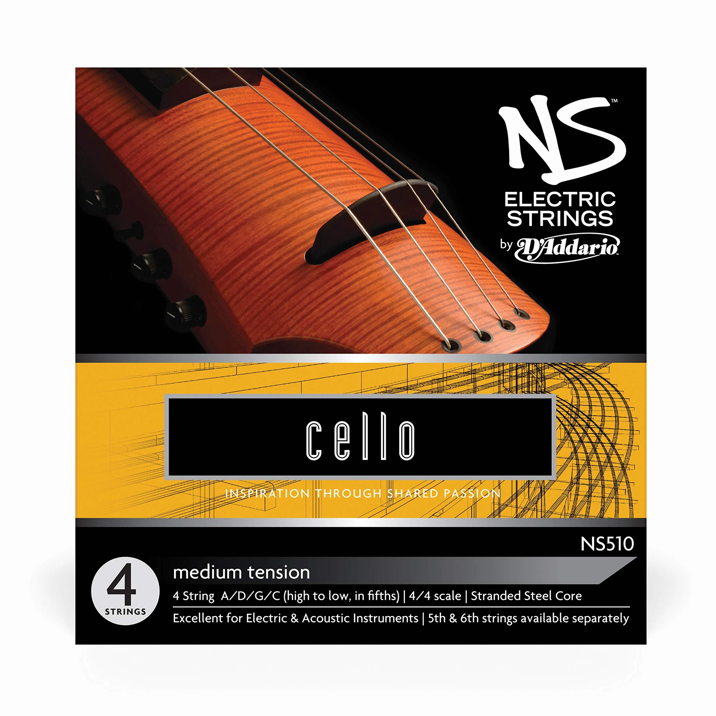 Set di corde D'Addario NS per violoncello elettrico, scala 4/4, tensione media
