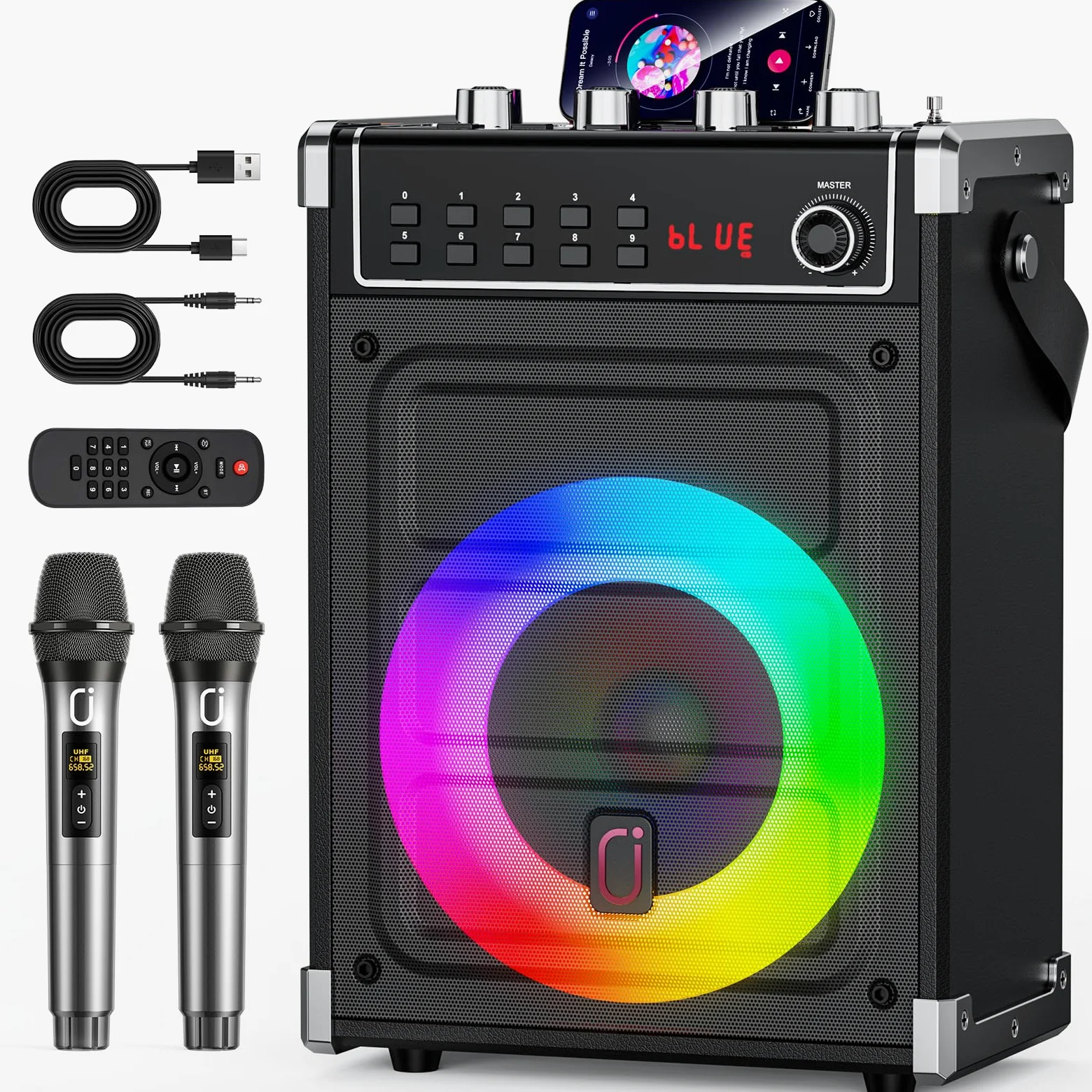 JYX Karaoke con 2 Microfono Wireless 2026 Upgrade, 380W Cassa Bluetooth 5.3, Altoparlanti Karaoke Professionali e Luci da DJ per Feste, PA Sistema Portatile Compatibile con TWS/AUX/FM/USB/TF, Nero