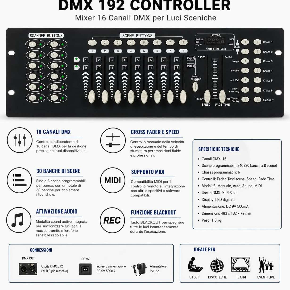 Centralina Dmx Mixer controller luci disco effetti dj 192 canali dmx