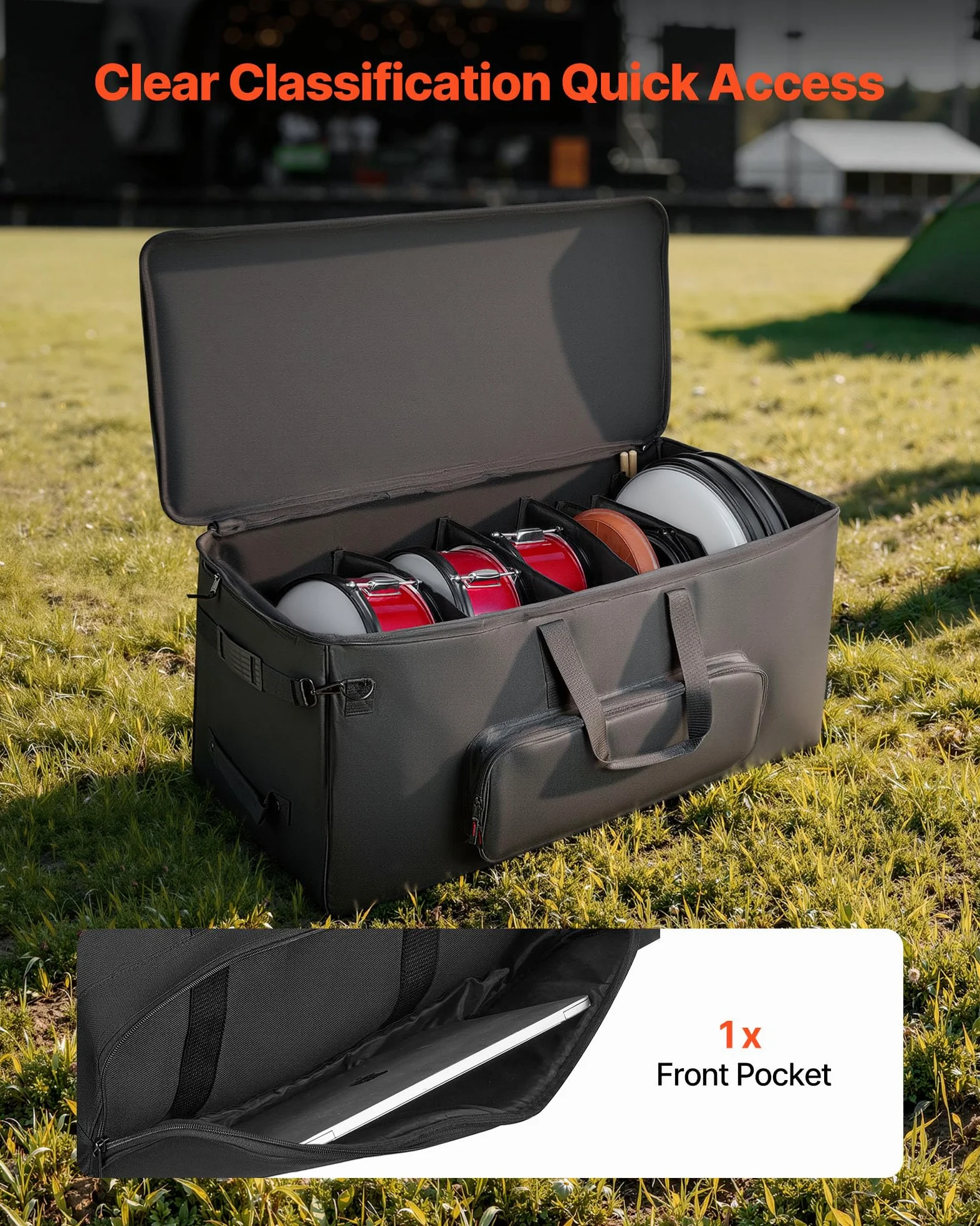 VEVOR Borsa per Batteria Elettronica in 600D, Borsa Imbottita con Ruote, Grande 91,4 x 42,1 x 41,9 cm di Interno, Custodia da Viaggio Leggera con Divisori Rimovibili, Tasche Multiple, Nero