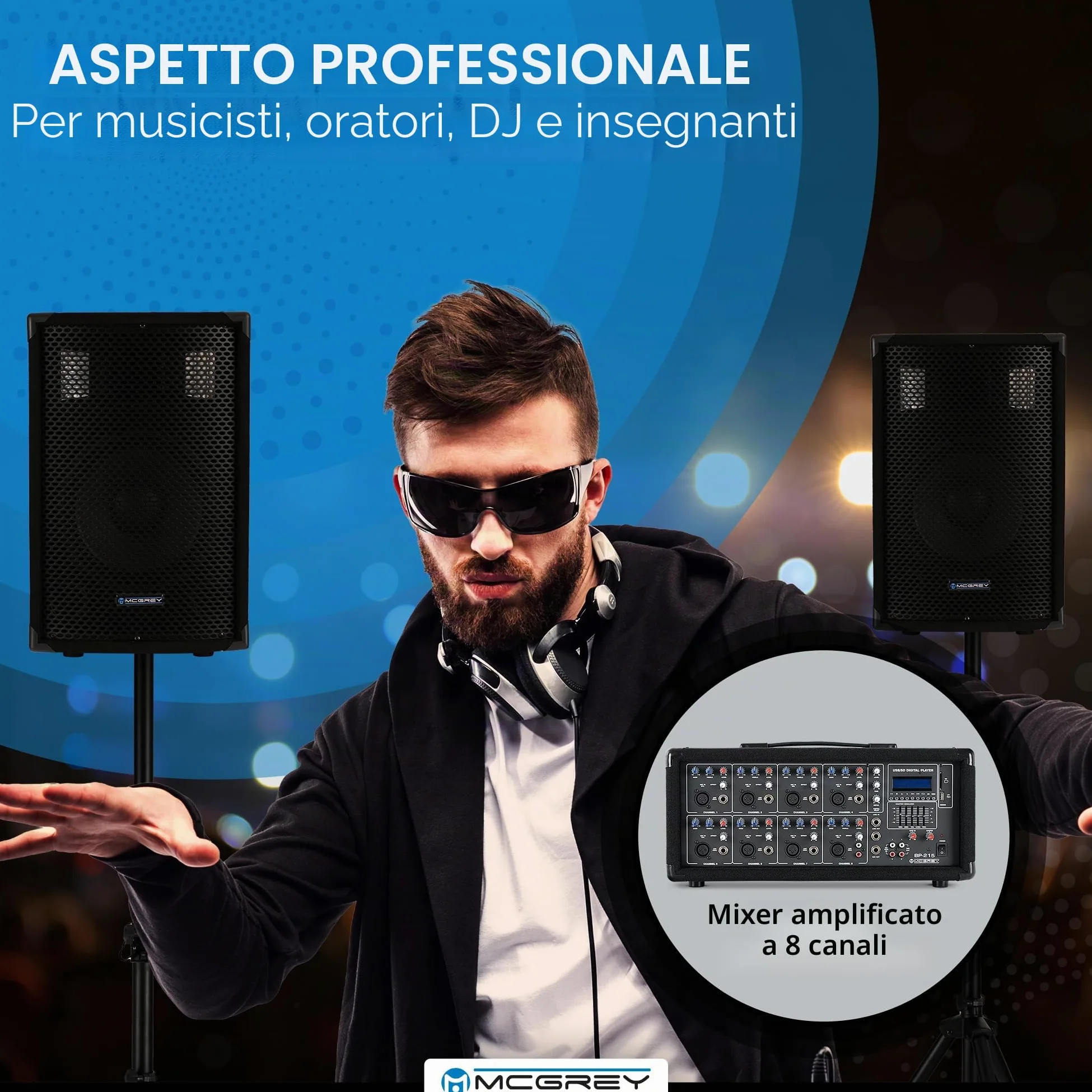 McGrey BP-215 Bandpack PA-System: mixer amplificatore 8 canali, riverbero digitale, Bluetooth, slot USB/SD, casse 2 vie 15" woofer, microfono, supporti, cavi, 150 Watt.