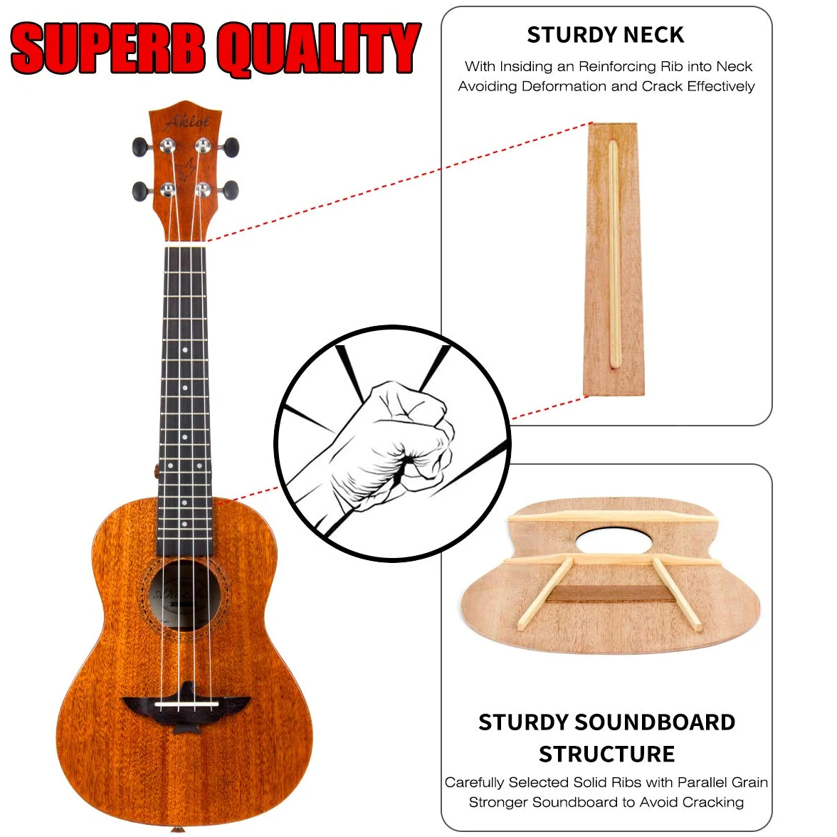 AKLOT Ukulele da concerto per mancini in mogano massello, 23 pollici Uke con tutorial e kit per principianti (custodia, plettri, accordatore, cinghia, corda, panno di pulizia)
