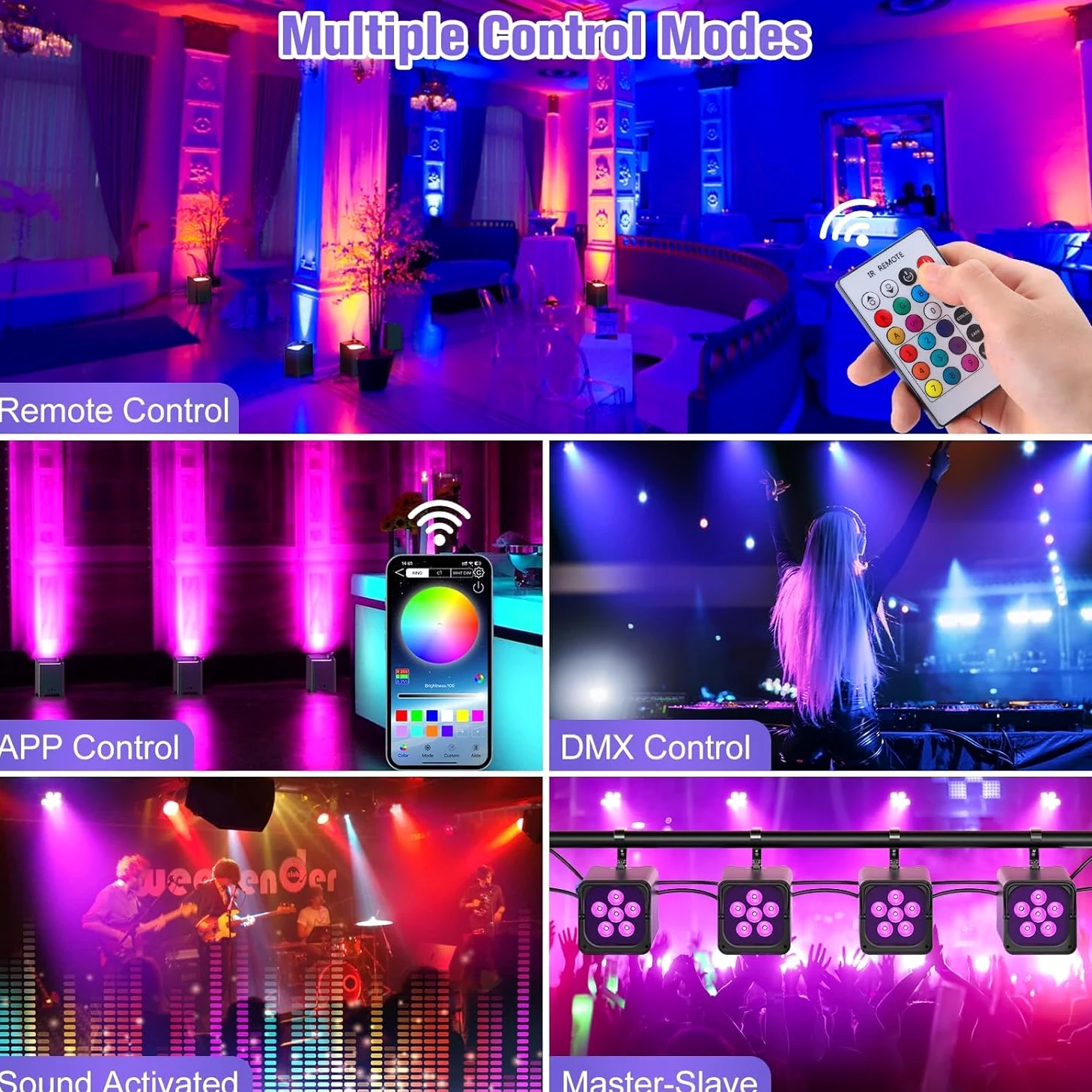 Proiettore PAR LED 108 W, 6 pezzi con flightcase RGBWA + UV, batteria ricaricabile 9600 mAh, telecomando/applicazione/WiFi/DMX, ideale per feste, DJ, Natale, bar, compleanni