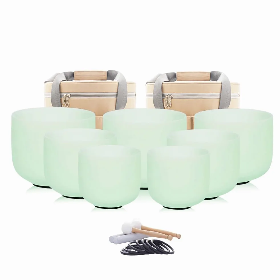 Hye-eun Set di 7 campane tibetane in cristallo da 432 Hz, color verde menta, in quarzo smerigliato, per chakra, con 2 custodie per il trasporto, per pulire e alleviare lo stress, consapevolezza