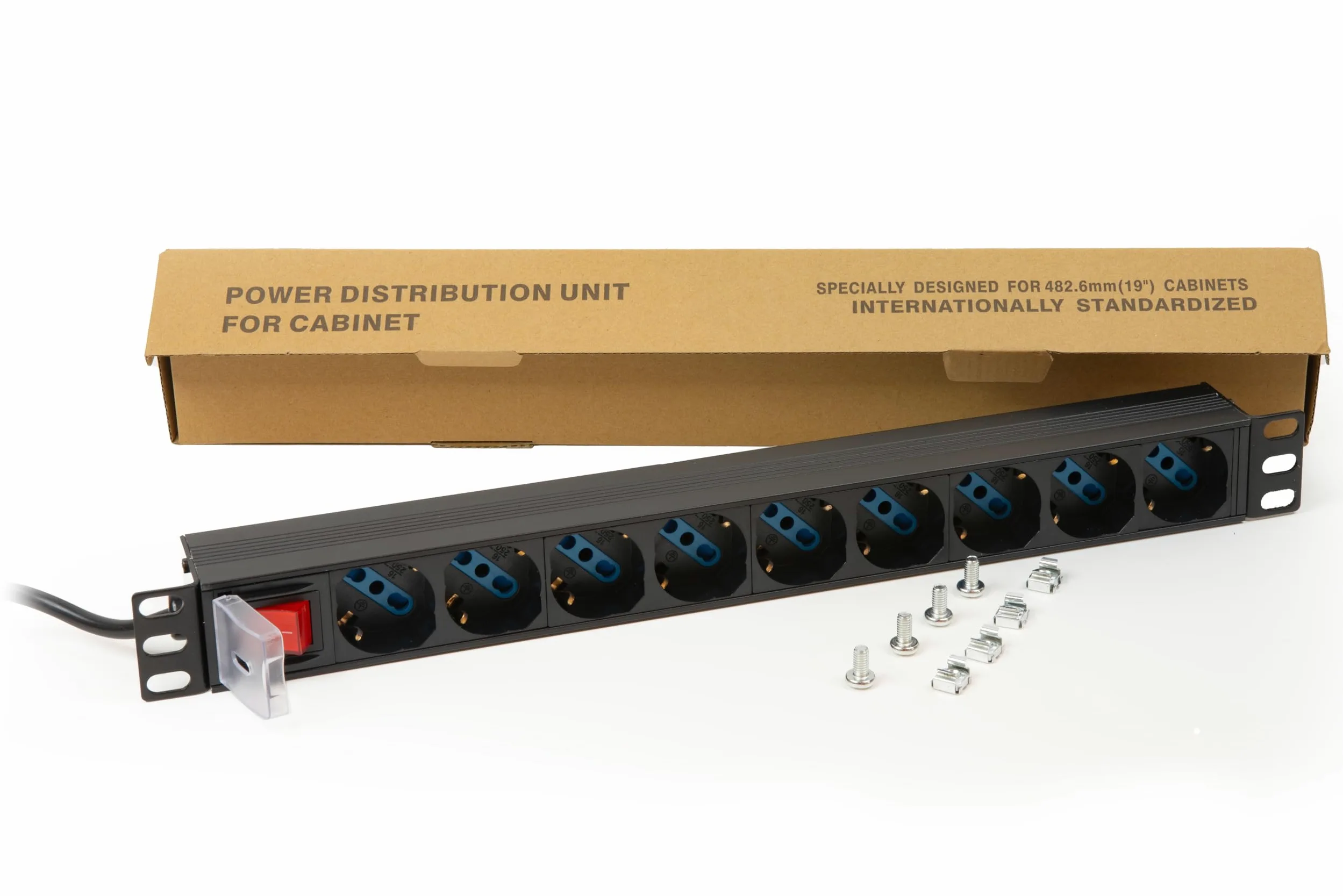 Link multipresa da rack 19" LK10053 con 9 prese universali con interruttore, spina ita. 16A sez. cavo 1,5mm lunghezza 1,75m metallo capacità 3,5KW dimensioni 48,5x4,5x4,5. Alette reversibili.