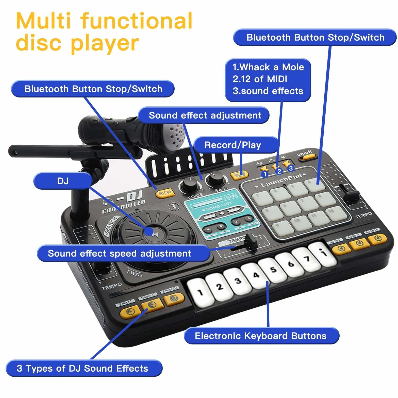 Il mixer da DJ e il lettore di dischi per bambini possono essere collegati al microfono Bluetooth