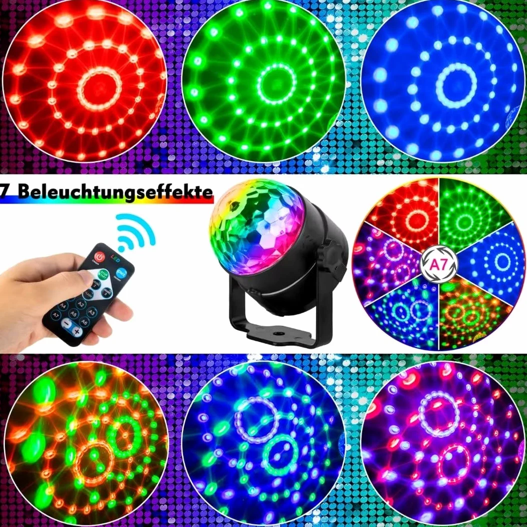 Sfera da discoteca, 2 pezzi, controllata dalla musica, luci per feste, 360°, rotanti, luci per palcoscenico, luce per effetto DJ stroboscopio con telecomando per Natale, Halloween, compleanni, club