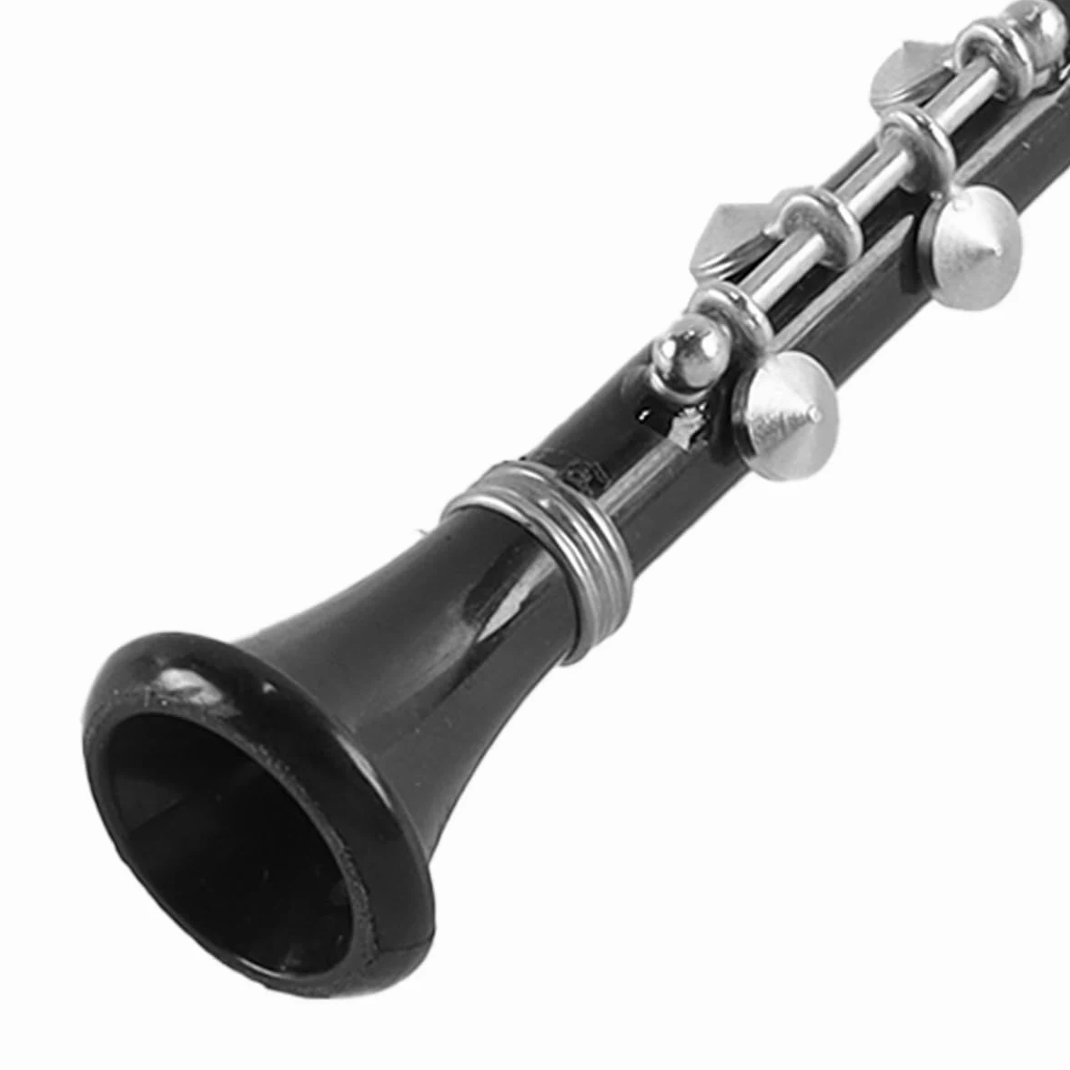 Spilla decorativa in vinile nero in metallo, modello di clarinetto basso in miniatura, 16 cm, scala 1/6, con custodia nera e supporto.