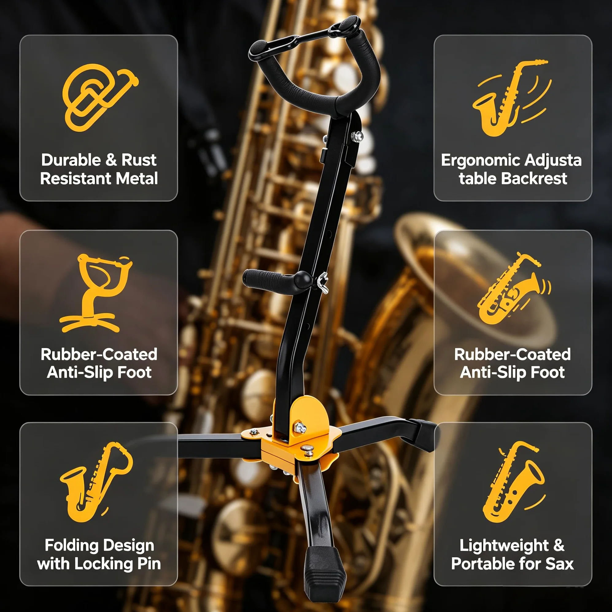 alto/tenore con supporto per flauto/clarinetto staccabile supporto portatile regolabile con piedini in gomma antiscivolo Base triangolare in met per sassofono contralto, sassofono tenore