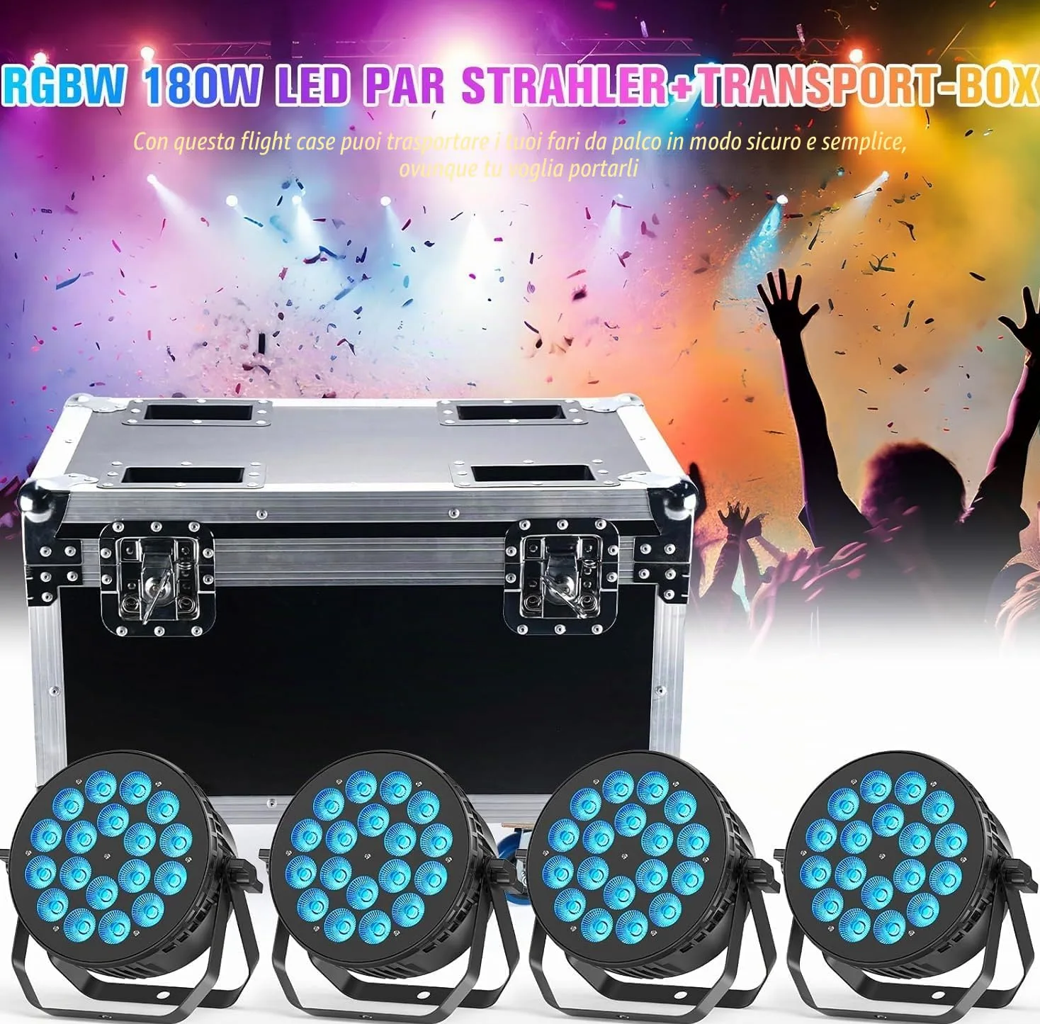 Flightcase per 180W Par LED, 62,5 x 41 x 45,5 cm, 15,3 KG, Valigetta di trasporto con Ruote e Maniglia Retrattile per un Facile Trasporto per Luci Par da Palco