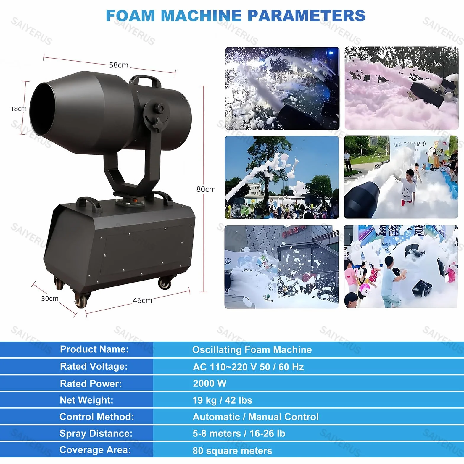 Macchina per Schiuma da 2000W, Cannone Sparaschiuma per Esterni con Copertura di 80m² e Generazione Rapida di Schiuma per Feste in Piscina Estive, Compleanni in Giardino ed Eventi sul Palco