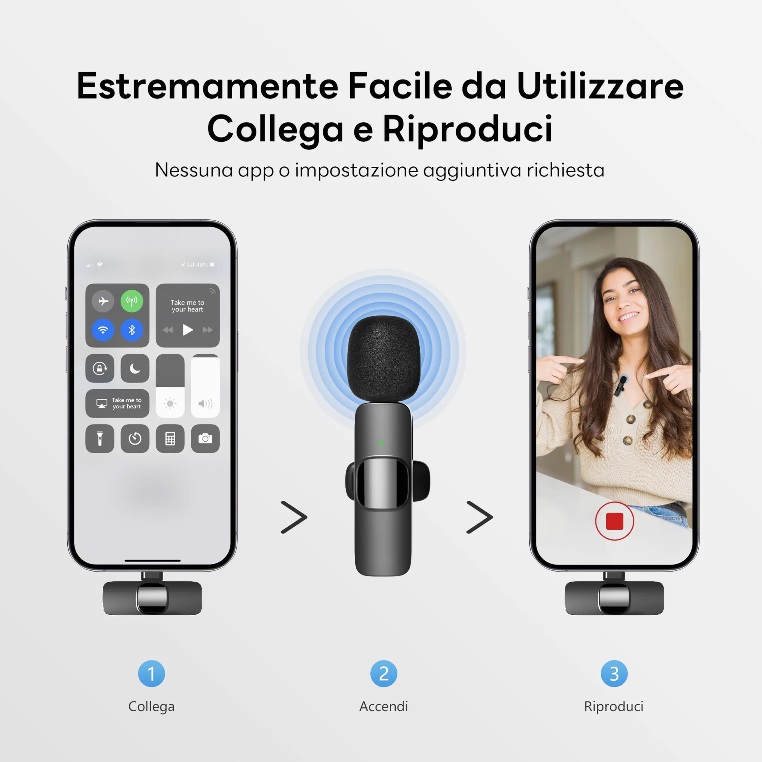 Microfono Wireless Lavalier per iPhone/Android/PC, Batteria 10 Ore, Cancellazione del Rumore, Microfono a Spillo Plug & Play per YouTube, Vlogging, Podcast, Interviste