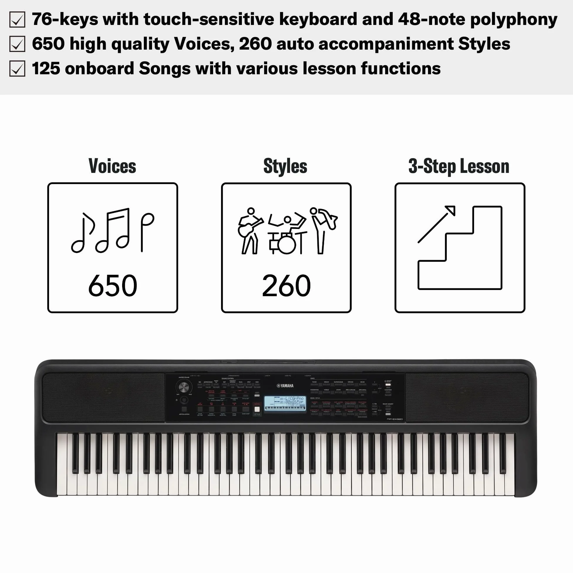 Yamaha PSR-EW320 - Tastiera Portatile per Principianti con 76 Tasti, 650 Voices, 48 Note di Polifonia, 260 Styles di Auto-Accompagnamento, 2 Lezioni Online con un Insegnante delle Scuole Yamaha