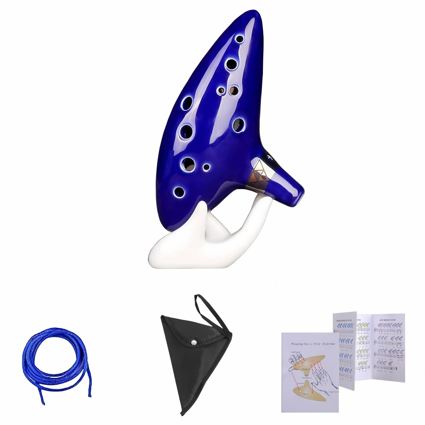 Zelda - Ocarina con libro delle canzoni della leggenda di Zelda, a 12 fori, in Do contralto, con scatola regalo, espositore a forma di mano, cordino da collo e custodia protettiva nera (blu)