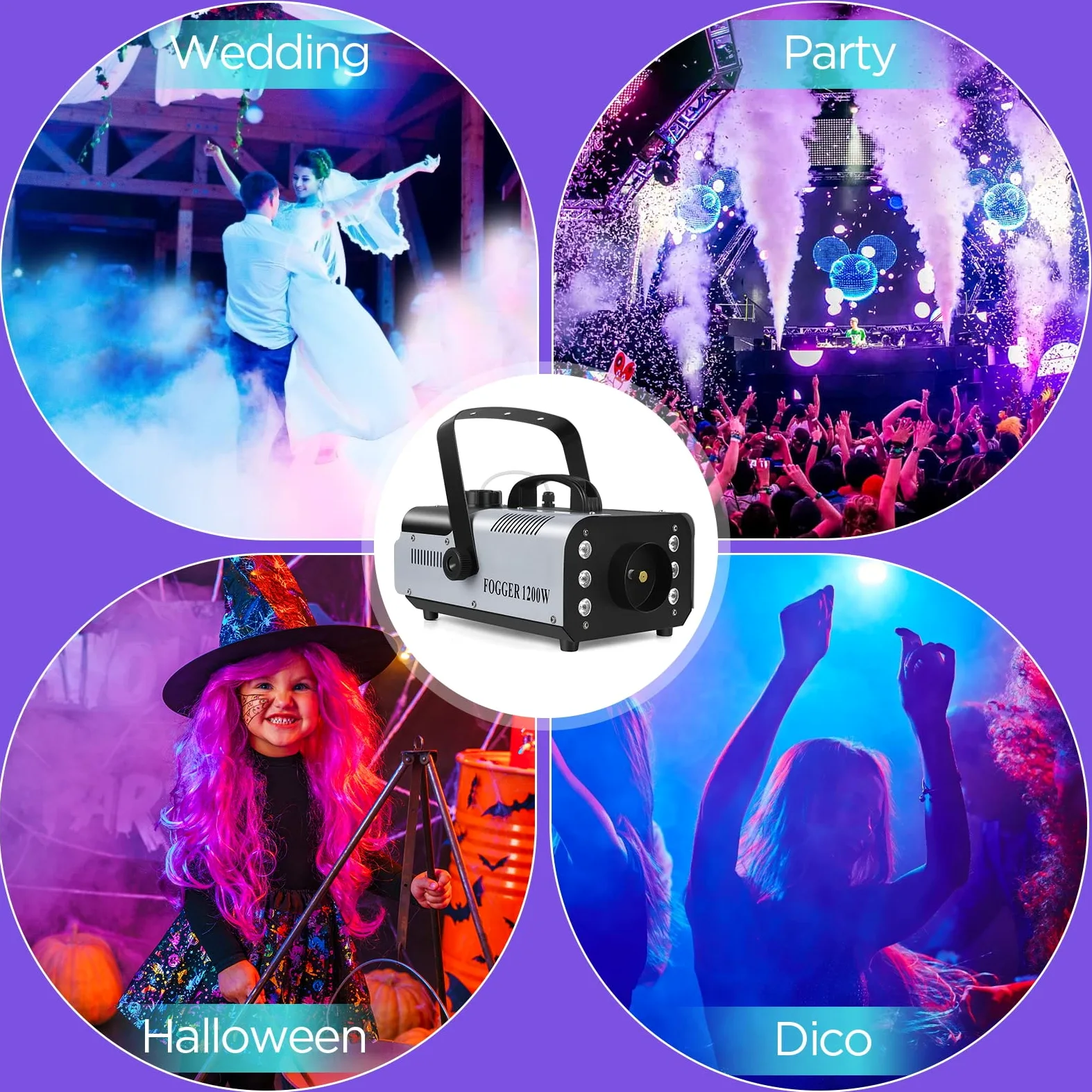 Macchina del Fumo Portatile, 1200W 6 RGB 3 in 1 Macchina Fumo Discoteca con Telecomando Wireless, Fog Machine per Halloween DJ Club Feste Nozze Natale e Effetti su Palco