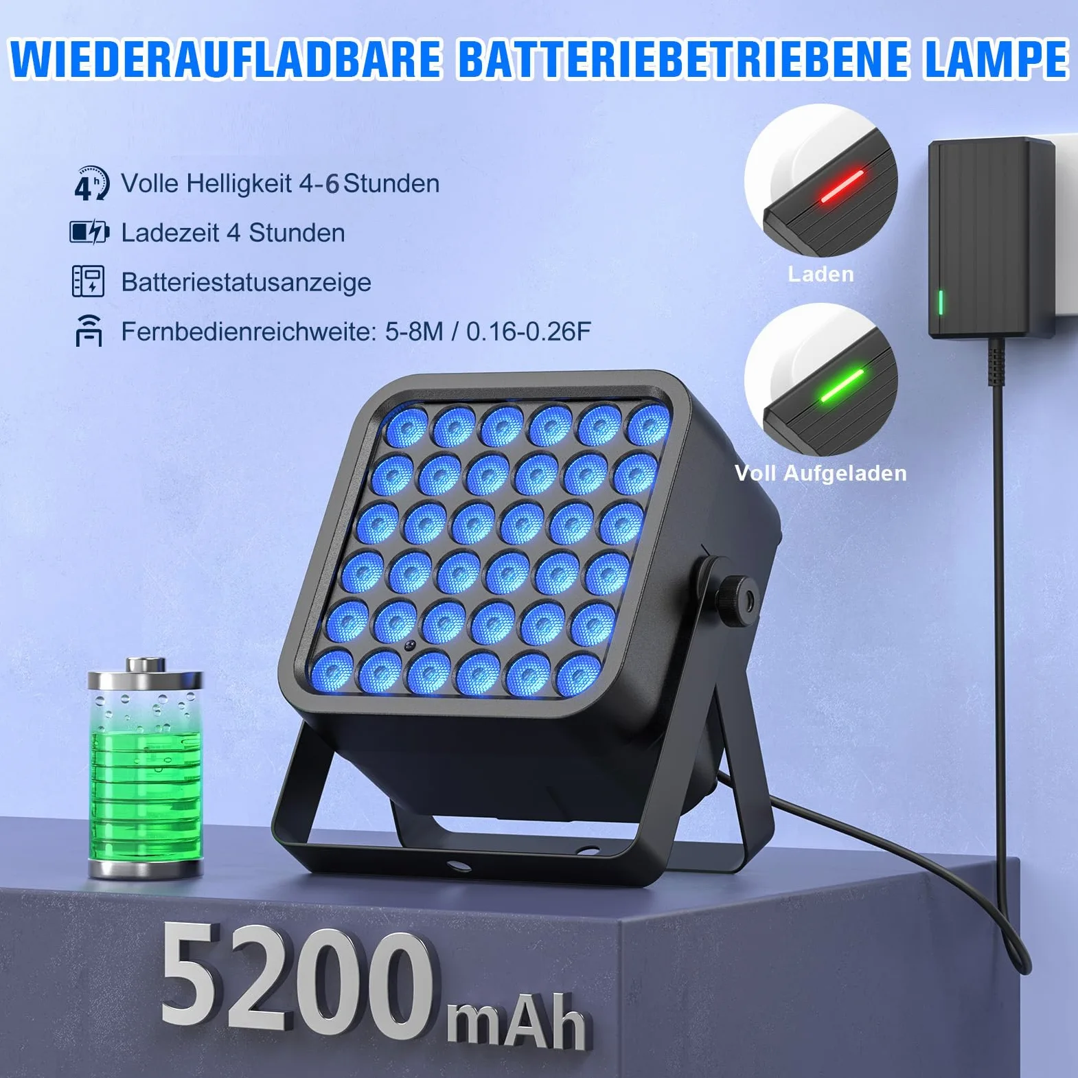 2PCS 54W Par LED Batteria RGBWA UV, 5200mAh Ricaricabile 36 LED Luci da Palco con Telecomando, Luci di Scena 4-6 Ore per Esterni Discoteca Matrimoni Bar Spettacolo Halloween Natale