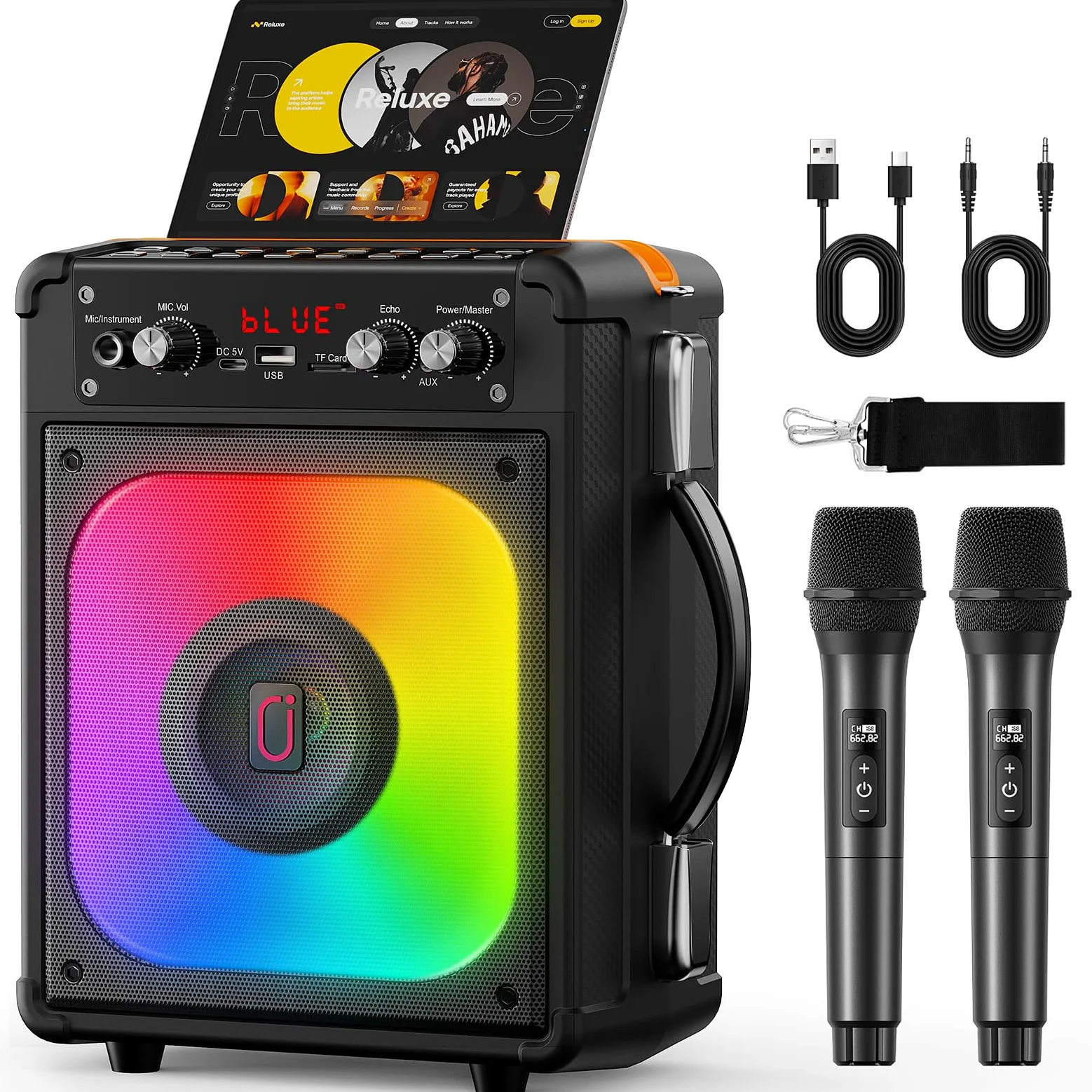 HWWR Karaoke con 2 Microfono, 60W Cassa Bluetooth 5.3 Subwoofer da 6,5, 12 Ore Riproduzione, Karaoke Portatile per Adulti/Bambini con Effetti Luce LED, Festa/Casa/Compleanno